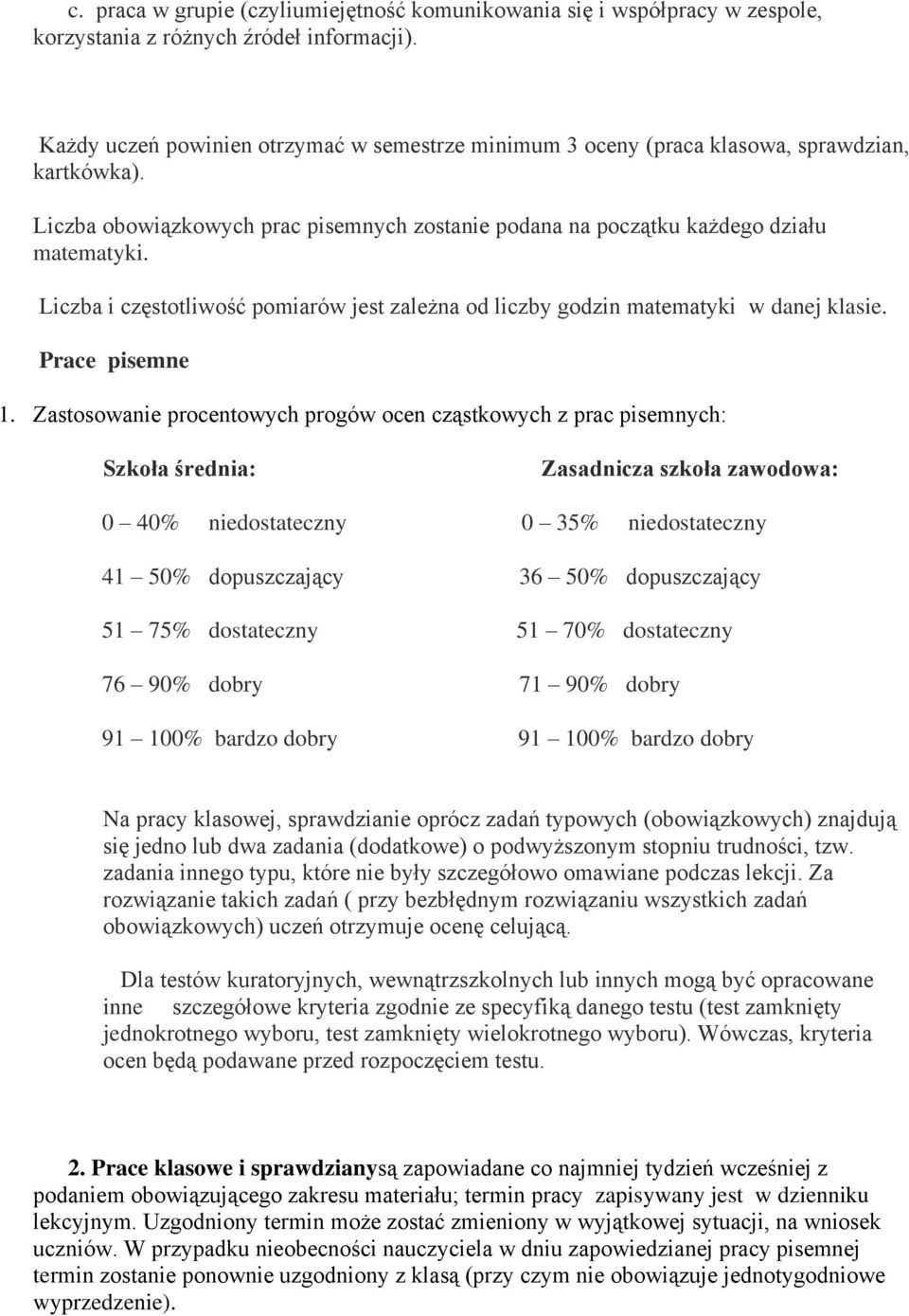 Liczba i częsttliwść pmiarów jest zależna d liczby gdzin matematyki w danej klasie. Prace pisemne 1.