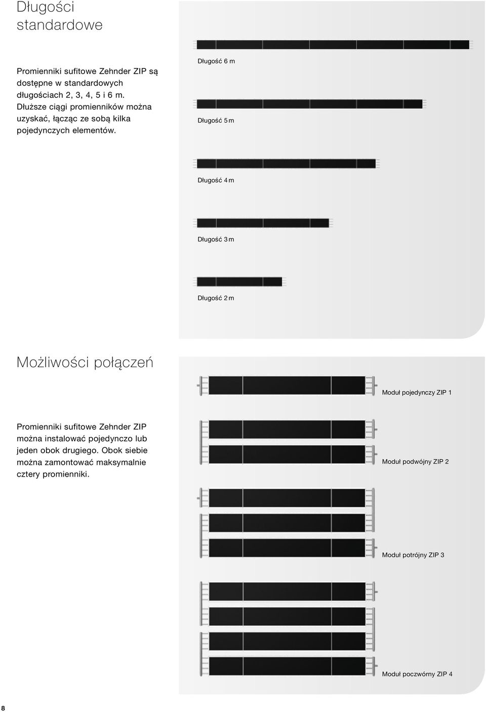 Długość 6 m Długość 5 m Długość 4 m Długość 3 m Długość 2 m Możliwości połączeń Moduł pojedynczy ZIP 1 Promienniki sufitowe