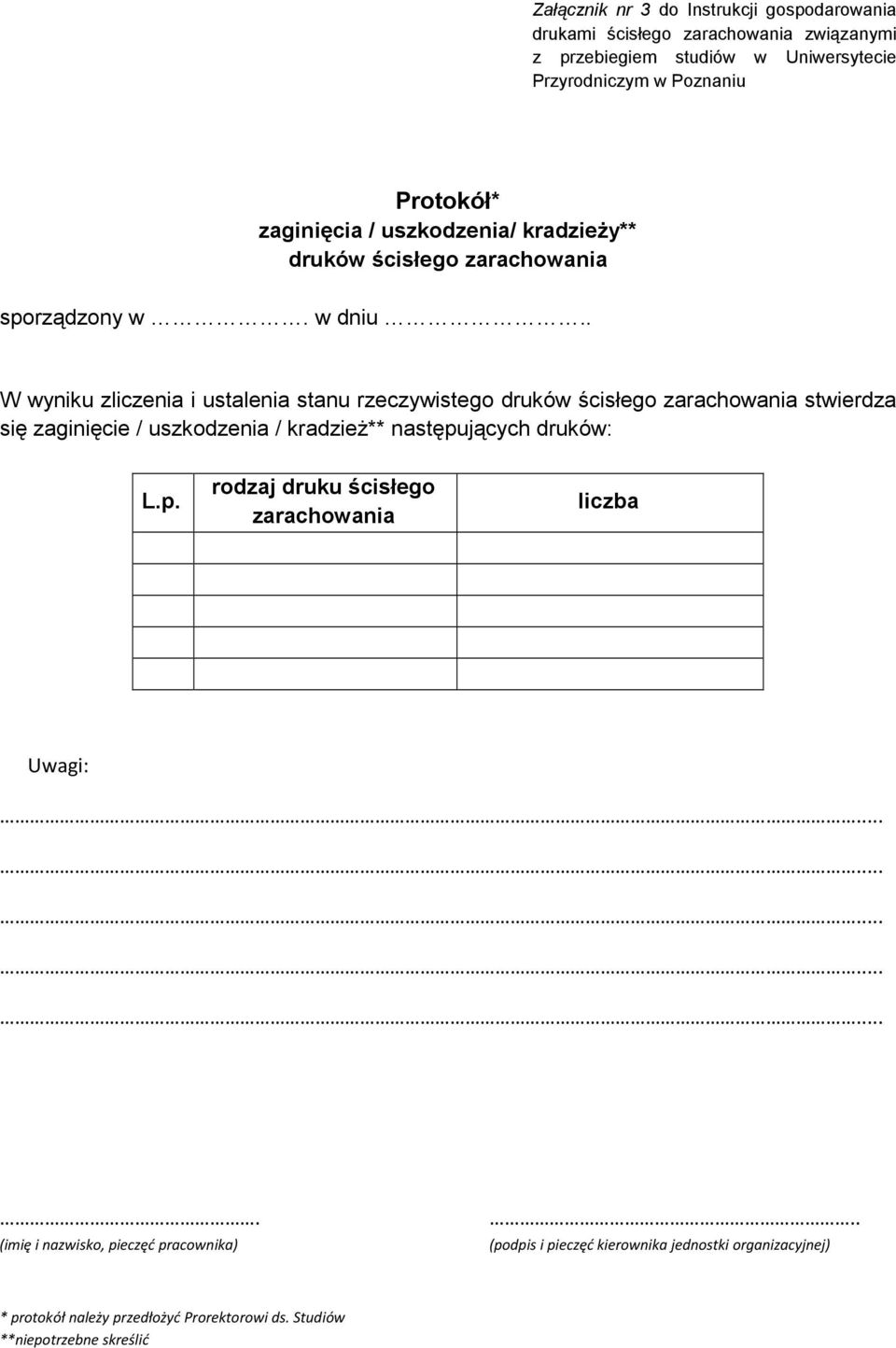 . W wyniku zliczenia i ustalenia stanu rzeczywistego druków ścisłego zarachowania stwierdza się zaginięcie / uszkodzenia /