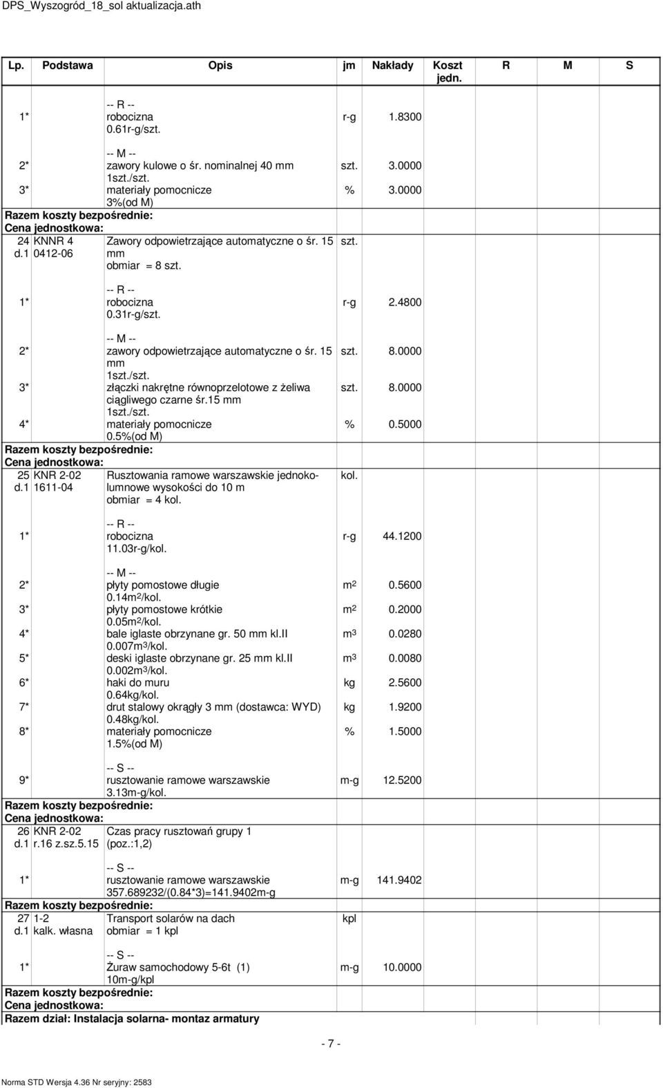 Rusztowania raowe warszawskie jednokolunowe wysokości do 10 obiar = 4 kol. 2* płyty poostowe długie 0.14 2 /kol. 3* płyty poostowe krótkie 0.05 2 /kol. 4* bale iglaste obrzynane gr. 50 kl.ii 0.