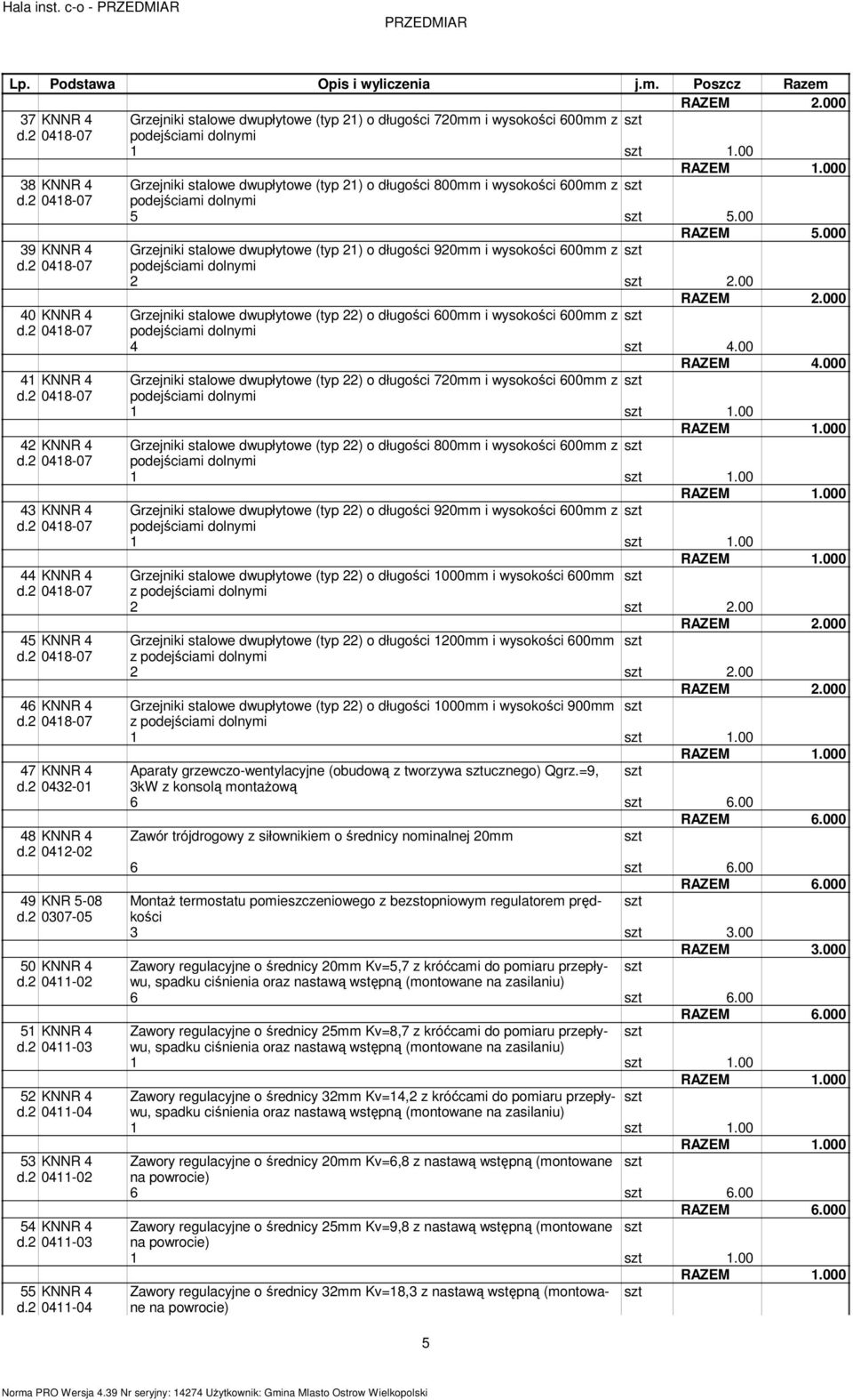 podejściai dolnyi 5 5.00 RAZEM 5.000 39 KNNR 4 Grzejniki stalowe dwupłytowe (typ 21) o długości 920 i wysokości 600 z 0418-07 podejściai dolnyi 2 2.00 RAZEM 2.