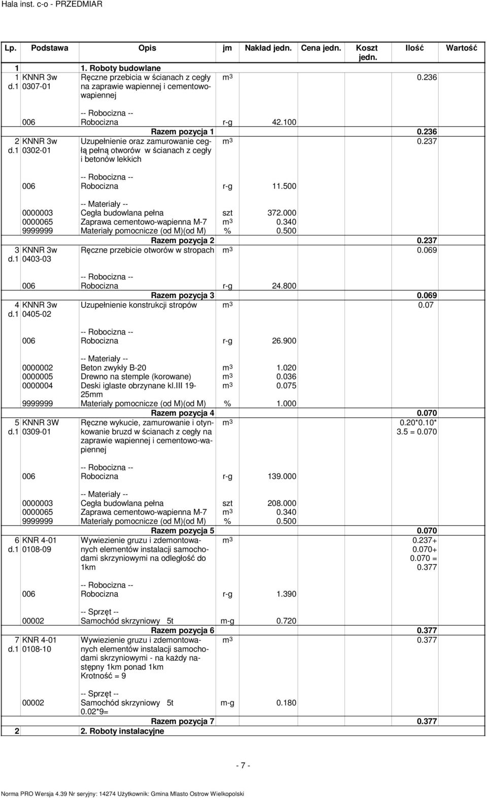 000 0000065 Zaprawa ceentowo-wapienna M-7 3 0.340 3 KNNR 3w d.1 0403-03 Raze pozycja 2 0.237 Ręczne przebicie otworów w stropach 3 0.069 006 Robocizna r-g 24.800 4 KNNR 3w d.