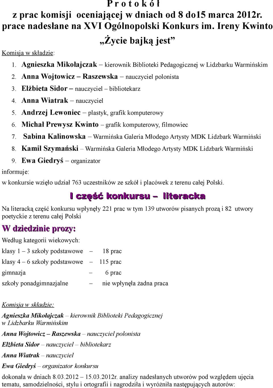 Andrzej Lewoniec plastyk, grafik komputerowy 6. Michał Prewysz Kwinto grafik komputerowy, filmowiec 7. Sabina Kalinowska Warmińska Galeria Młodego Artysty MDK Lidzbark Warmiński 8.