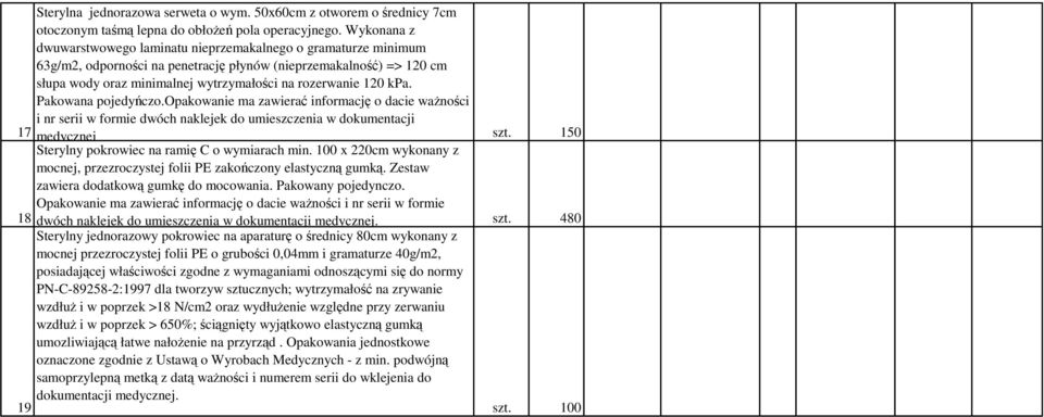 120 kpa. Pakowana pojedyńczo.opakowanie ma zawierać informację o dacie ważności i nr serii w formie dwóch naklejek do umieszczenia w dokumentacji 17 medycznej szt.