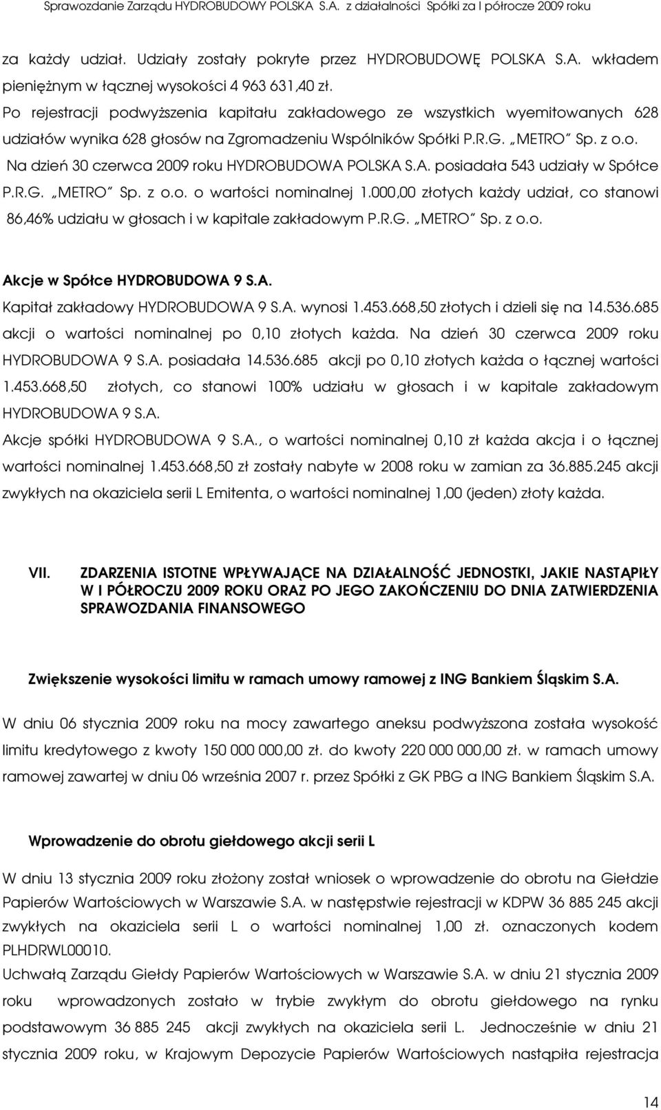 A. posiadała 543 udziały w Spółce P.R.G. METRO Sp. z o.o. o wartości nominalnej 1.000,00 złotych kaŝdy udział, co stanowi 86,46% udziału w głosach i w kapitale zakładowym P.R.G. METRO Sp. z o.o. Akcje w Spółce HYDROBUDOWA 9 S.