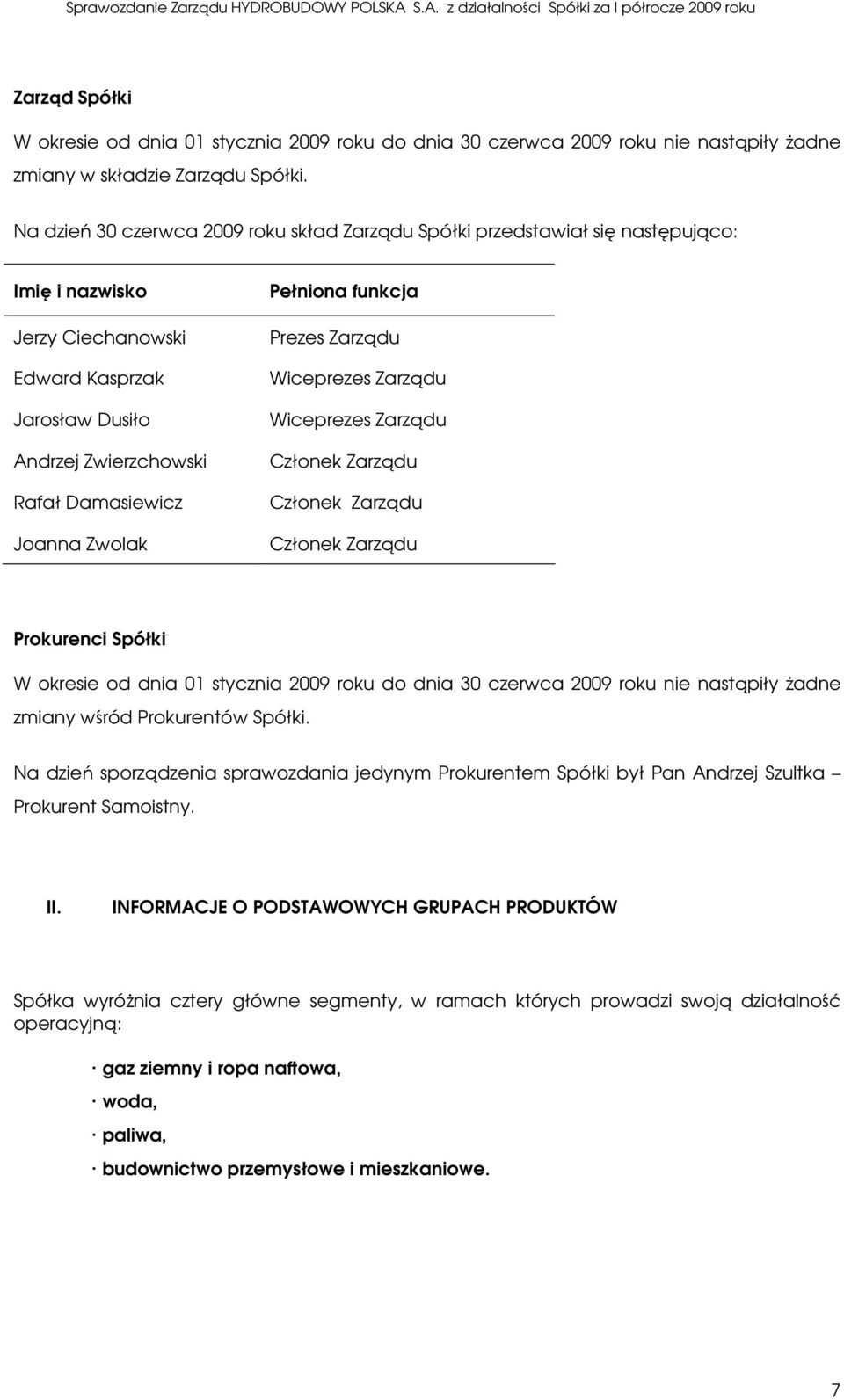 Zwolak Pełniona funkcja Prezes Zarządu Wiceprezes Zarządu Wiceprezes Zarządu Członek Zarządu Członek Zarządu Członek Zarządu Prokurenci Spółki W okresie od dnia 01 stycznia 2009 roku do dnia 30