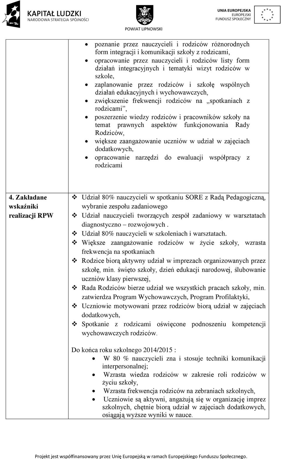 pracowników szkoły na temat prawnych aspektów funkcjonowania Rady Rodziców, większe zaangażowanie uczniów w udział w zajęciach dodatkowych, opracowanie narzędzi do ewaluacji współpracy z rodzicami 4.