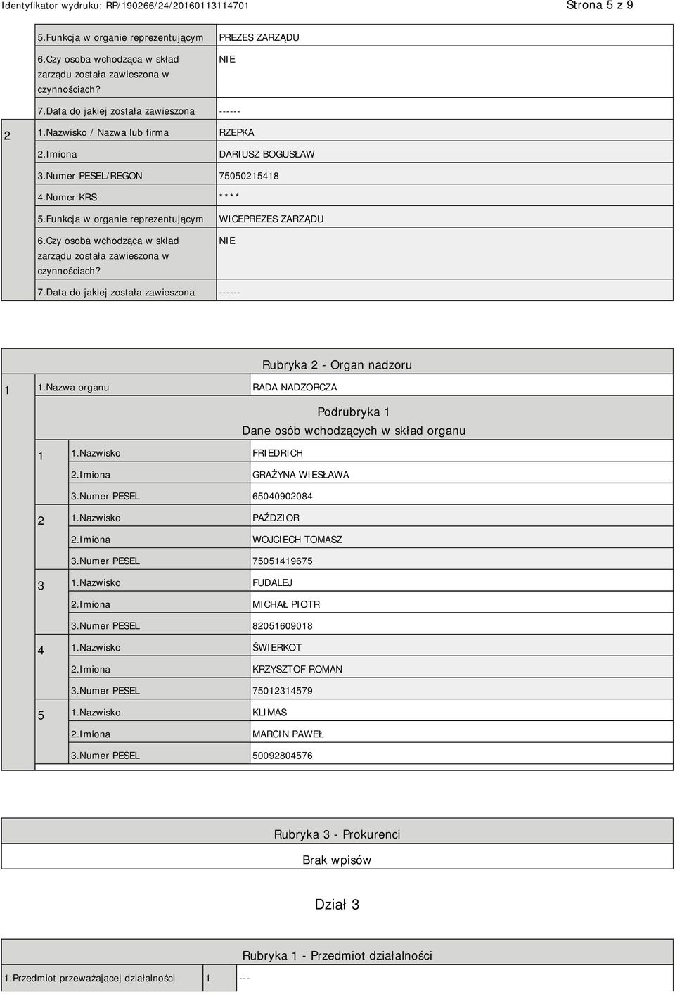 Czy osoba wchodząca w skład zarządu została zawieszona w czynnościach? WICEPREZES ZARZĄDU 7.Data do jakiej została zawieszona ------ Rubryka 2 - Organ nadzoru 1 1.