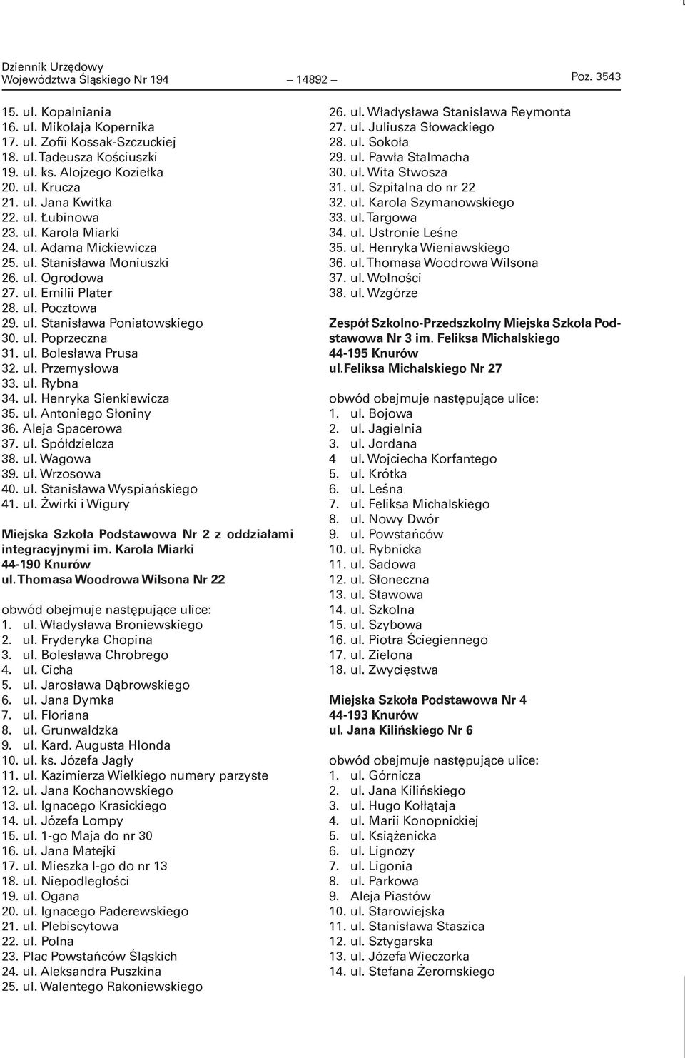 ul. Poprzeczna 31. ul. Bolesława Prusa 32. ul. Przemysłowa 33. ul. Rybna 34. ul. Henryka Sienkiewicza 35. ul. Antoniego Słoniny 36. Aleja Spacerowa 37. ul. Spółdzielcza 38. ul. Wagowa 39. ul. Wrzosowa 40.