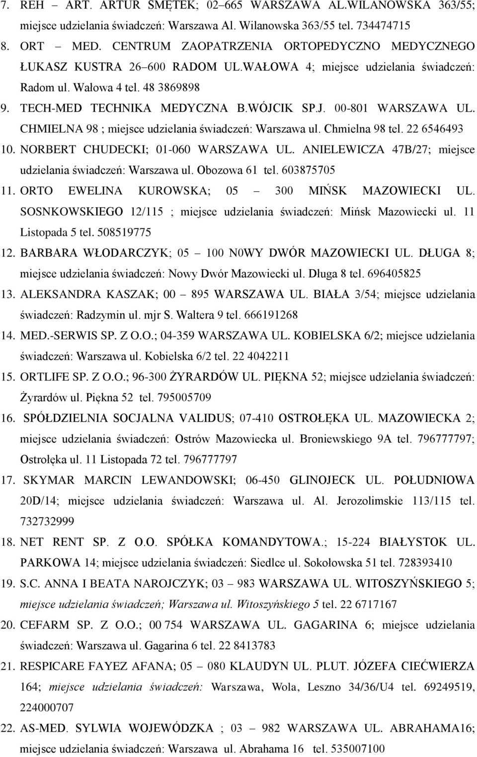 IK SP.J. 00-801 WARSZAWA UL. CHMIELNA 98 ; miejsce udzielania świadczeń: Warszawa ul. Chmielna 98 tel. 22 6546493 10. NORBERT CHUDECKI; 01-060 WARSZAWA UL.