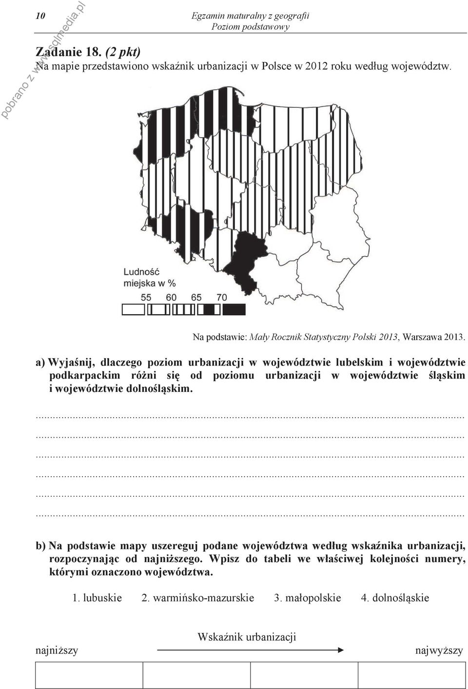 a) Wyja nij, dlaczego poziom urbanizacji w województwie lubelskim i województwie podkarpackim ró ni si od poziomu urbanizacji w województwie l skim i