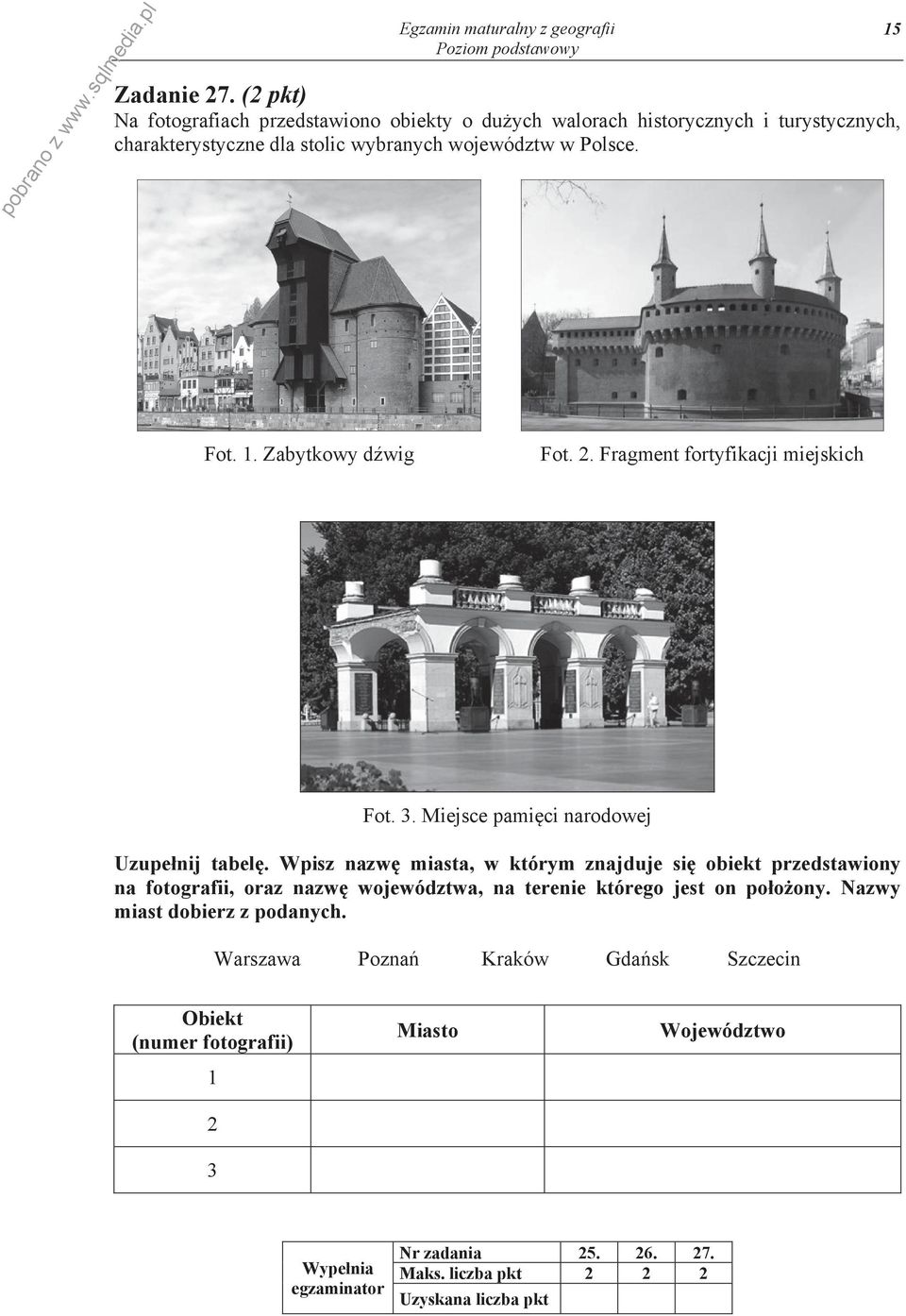 15 Fot. 1. Zabytkowy d wig Fot. 2. Fragment fortyfikacji miejskich Fot. 3. Miejsce pami ci narodowej Uzupe nij tabel.