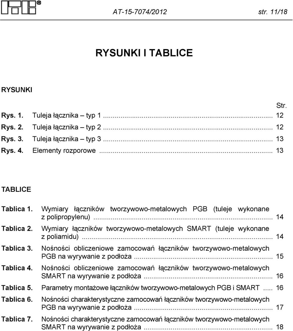 .. 14 Wymiary łączników tworzywowo-metalowych SMART (tuleje wykonane z poliamidu)... 14 Nośności obliczeniowe zamocowań łączników tworzywowo-metalowych PGB na wyrywanie z podłoża... 15 Tablica 4.