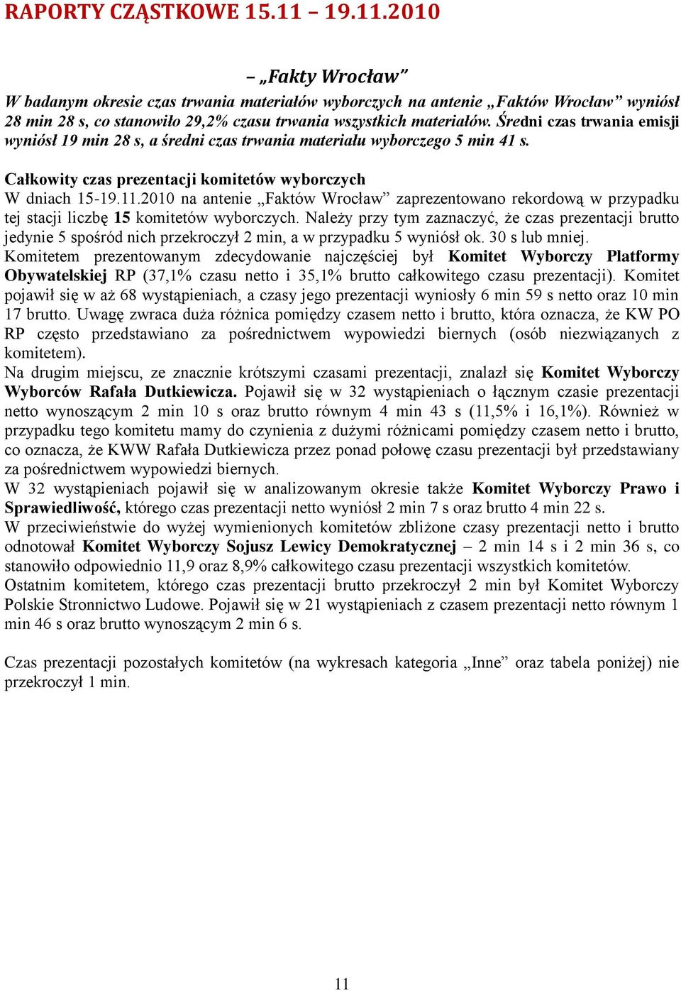 2010 na antenie Faktów Wrocław zaprezentowano rekordową w przypadku tej stacji liczbę 15 komitetów wyborczych.
