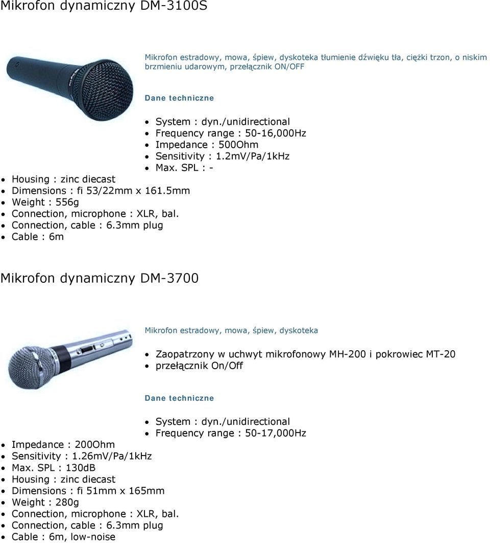 Weight : 556g Mikrofon dynamiczny DM-3700 Mikrofon estradowy, mowa, śpiew, dyskoteka! Zaopatrzony w uchwyt mikrofonowy MH-200 i pokrowiec MT-20!