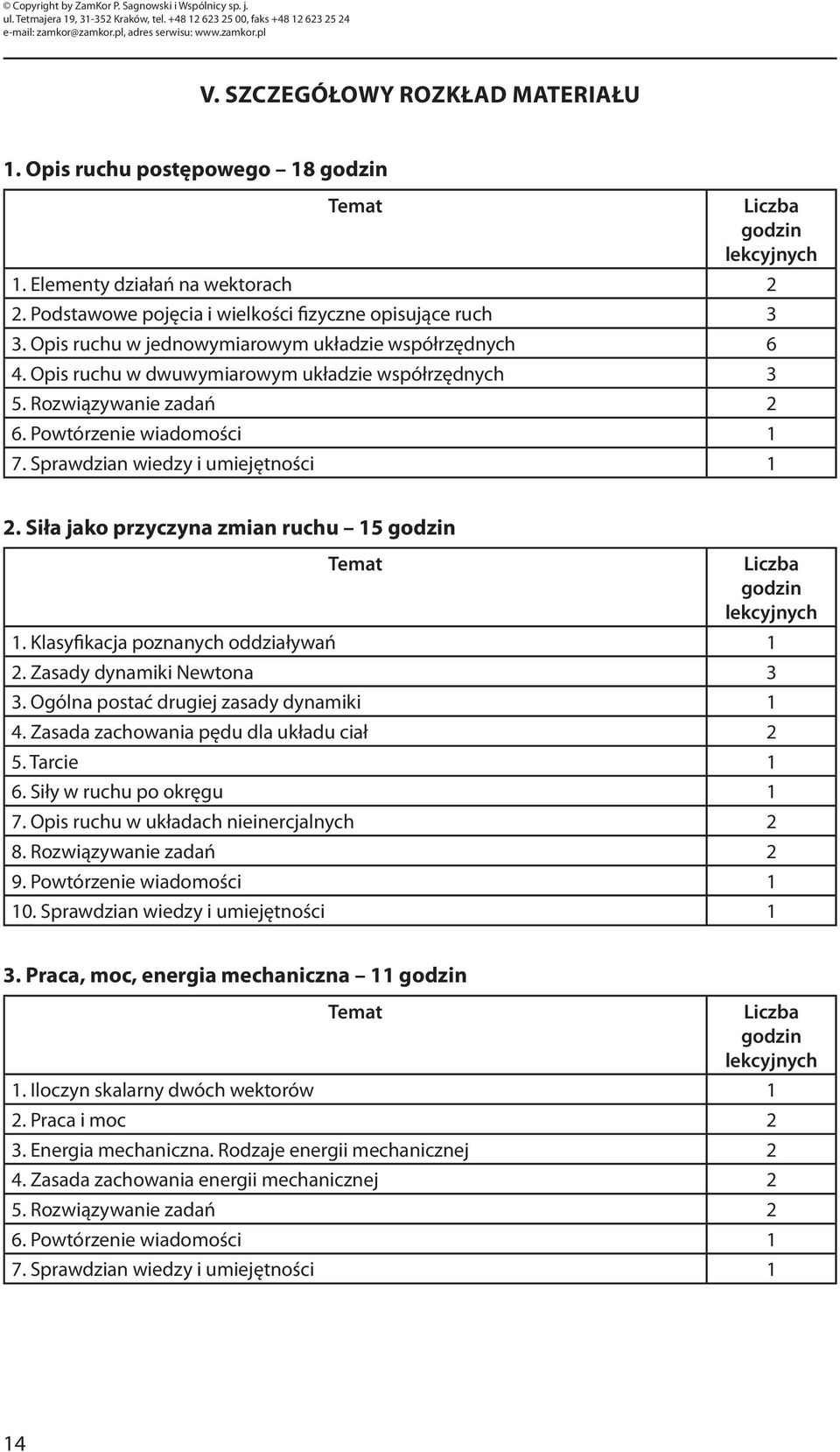 Sprawdzian wiedzy i umiejętności 1 2. Siła jako przyczyna zmian ruchu 15 godzin Temat Liczba godzin lekcyjnych 1. Klasyfikacja poznanych oddziaływań 1 2. Zasady dynamiki Newtona 3 3.