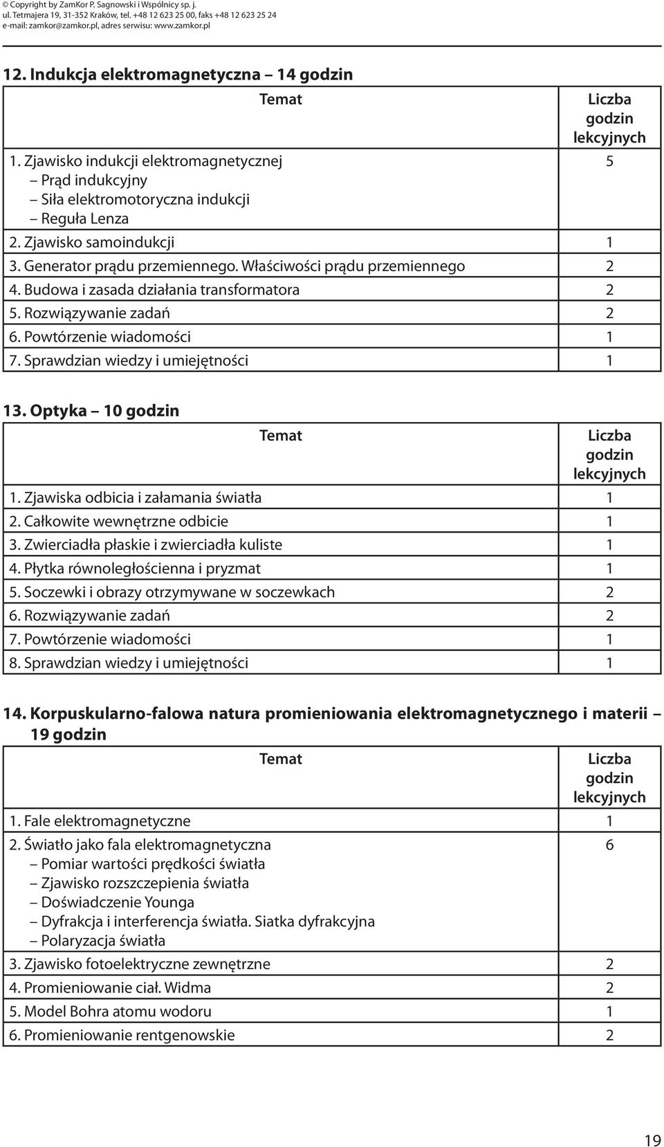 Sprawdzian wiedzy i umiejętności 1 5 13. Optyka 10 godzin Temat Liczba godzin lekcyjnych 1. Zjawiska odbicia i załamania światła 1 2. Całkowite wewnętrzne odbicie 1 3.