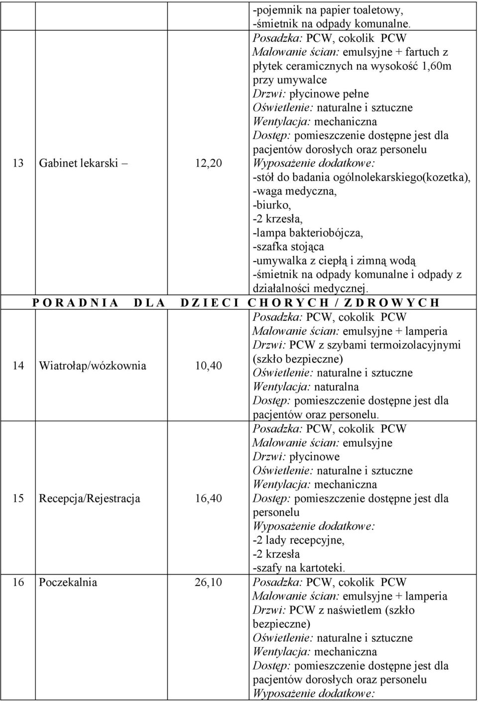 P O R A D N I A D L A D Z I E C I C H O R Y C H / Z D R O W Y C H Malowanie ścian: emulsyjne + lamperia Drzwi: PCW z szybami termoizolacyjnymi 14 Wiatrołap/wózkownia 10,40 (szkło bezpieczne)