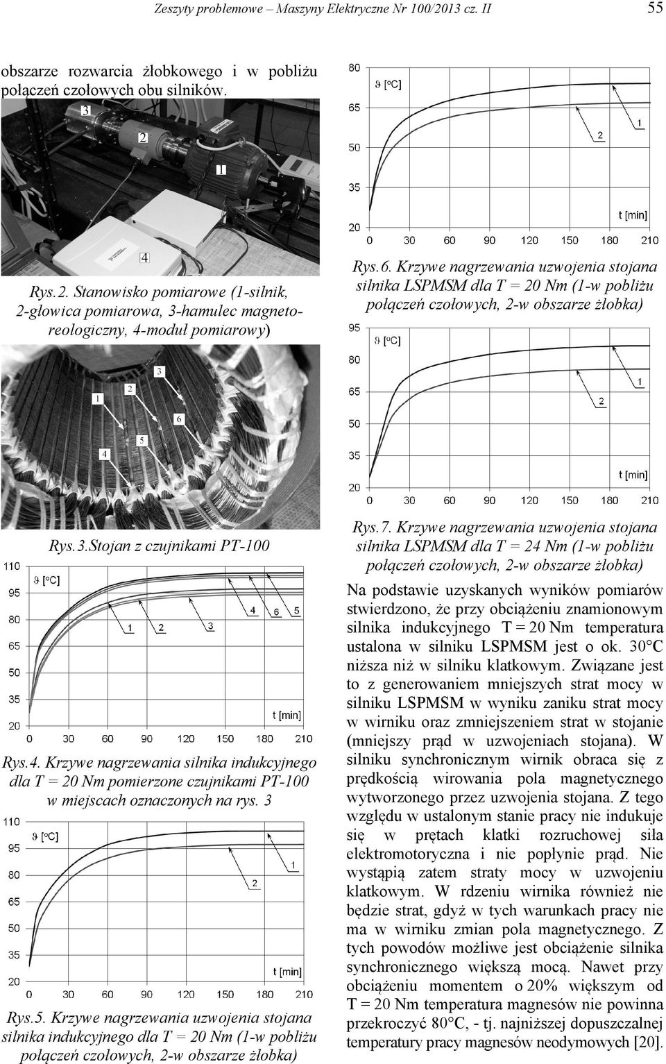 Krzywe nagrzewania silnika indukcyjnego dla T = 20 Nm pomierzone czujnikami PT-100 w miejscach oznaczonych na rys. 3 Rys.5.