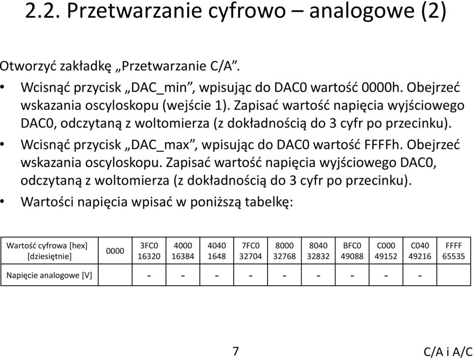 Obejrzed wskazania oscyloskopu. Zapisad wartośd napięcia wyjściowego DAC0, odczytaną z woltomierza (z dokładnością do 3 cyfr po przecinku).