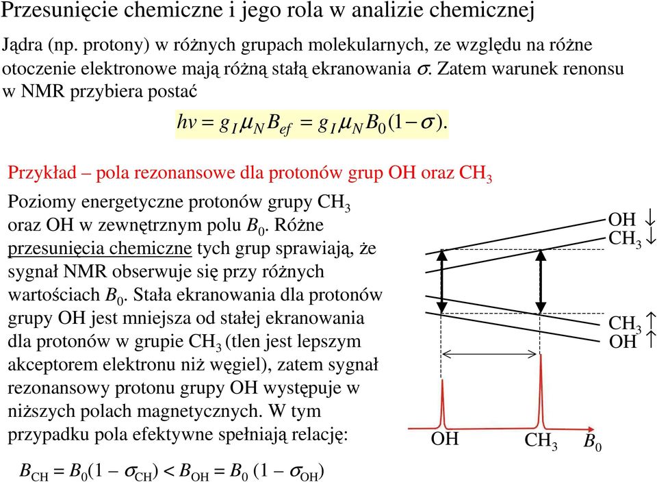 Przykład pola rezonansowe dla protonów grup OH oraz CH 3 Poziomy energetyczne protonów grupy CH 3 oraz OH w zewnętrznym polu B 0.