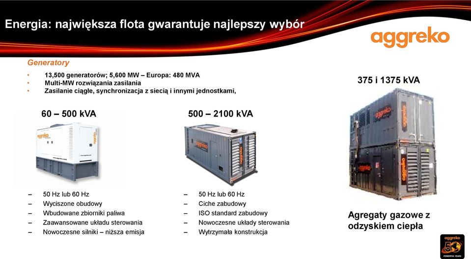 50 Hz lub 60 Hz Wyciszone obudowy Wbudowane zbiorniki paliwa Zaawansowane układu sterowania Nowoczesne silniki niższa emisja