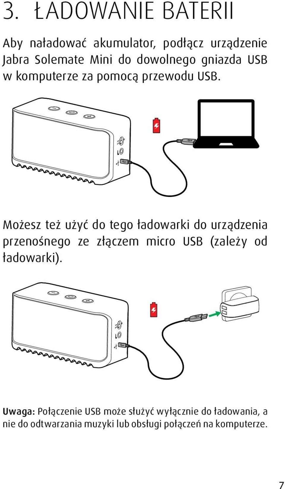 Możesz też użyć do tego ładowarki do urządzenia przenośnego ze złączem micro USB (zależy od