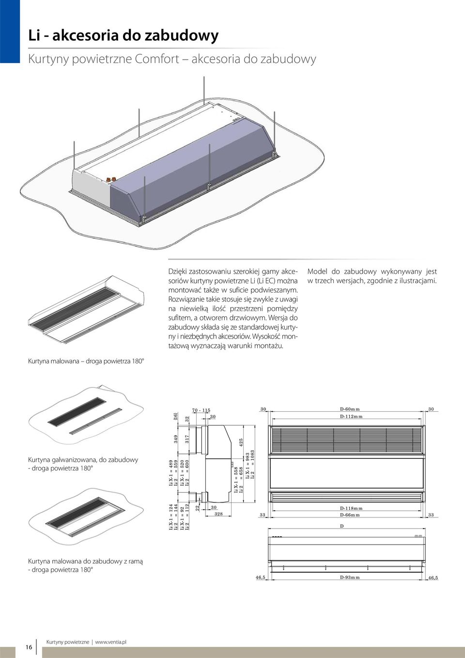 Wysokość montażową wyznaczają warunki montażu. Model do zabudowy wykonywany jest w trzech wersjach, zgodnie z ilustracjami.
