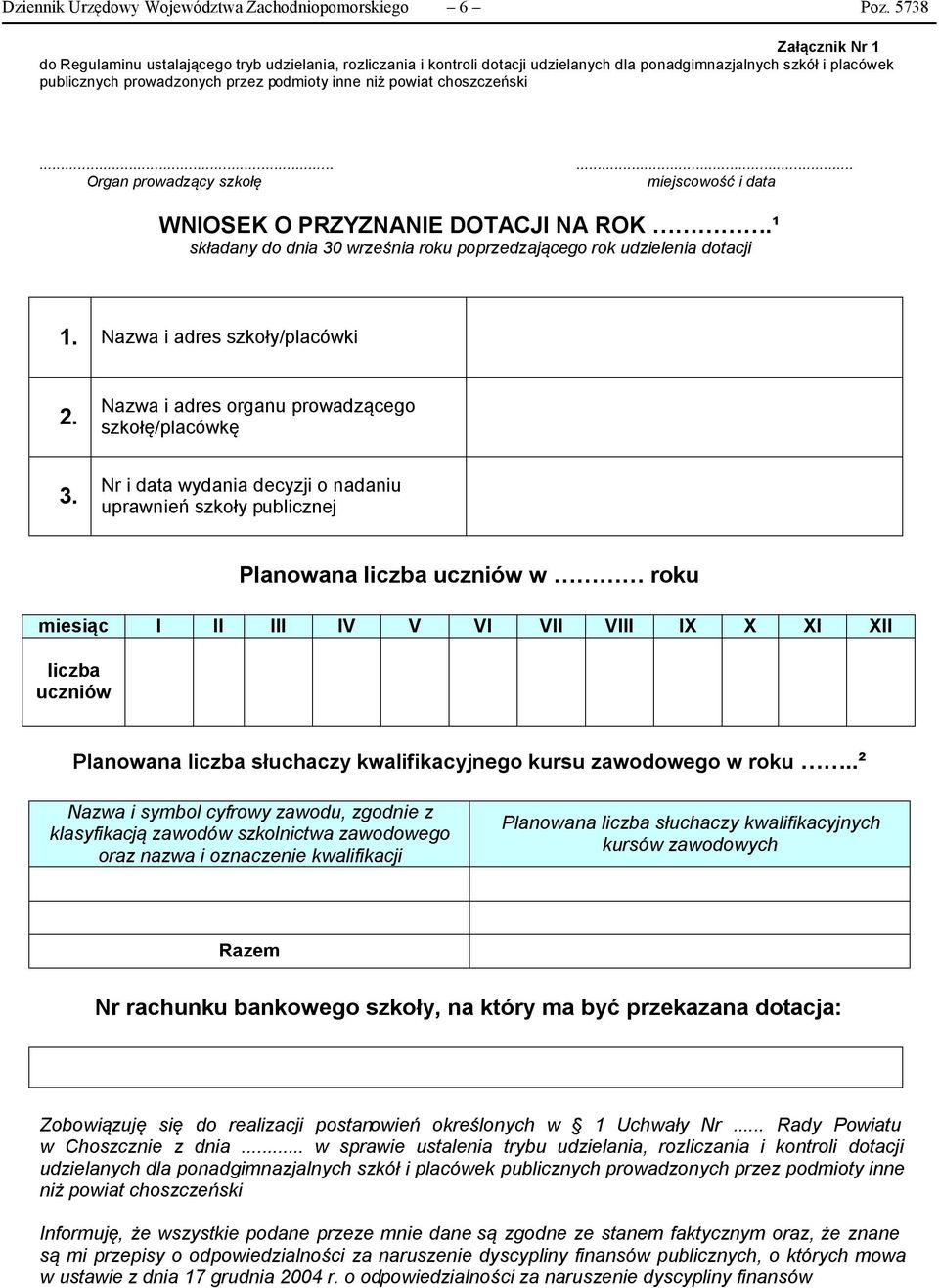 powiat choszczeński...... Organ prowadzący szkołę miejscowość i data WNIOSEK O PRZYZNANIE DOTACJI NA ROK.¹ składany do dnia 30 września roku poprzedzającego rok udzielenia dotacji 1.