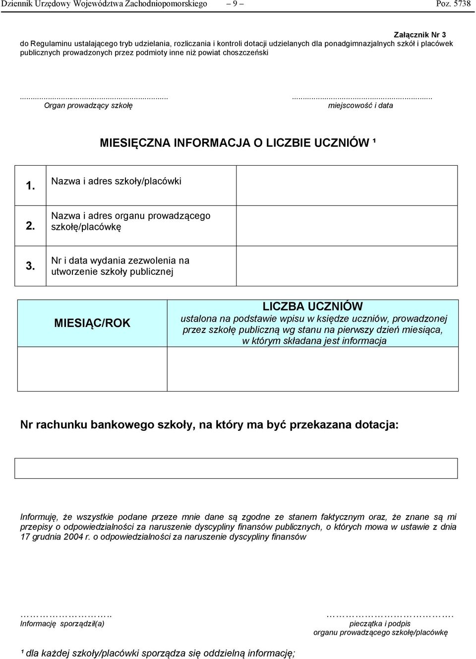 powiat choszczeński...... Organ prowadzący szkołę miejscowość i data MIESIĘCZNA INFORMACJA O LICZBIE UCZNIÓW ¹ 1. Nazwa i adres szkoły/placówki Nazwa i adres organu prowadzącego szkołę/placówkę 3.