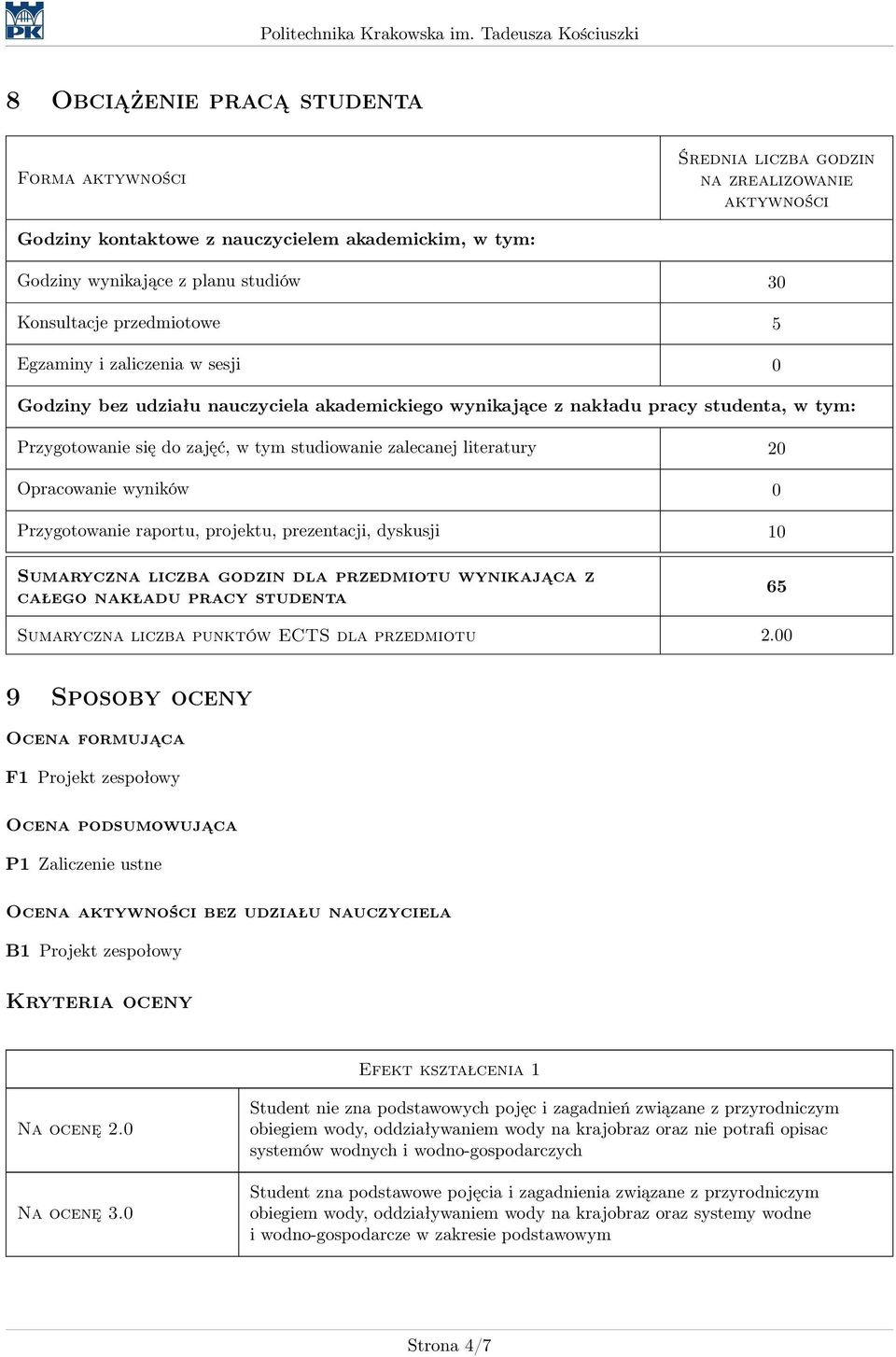 literatury 20 Opracowanie wyników 0 Przygotowanie raportu, projektu, prezentacji, dyskusji 10 Sumaryczna liczba godzin dla przedmiotu wynikająca z całego nakładu pracy studenta 65 Sumaryczna liczba