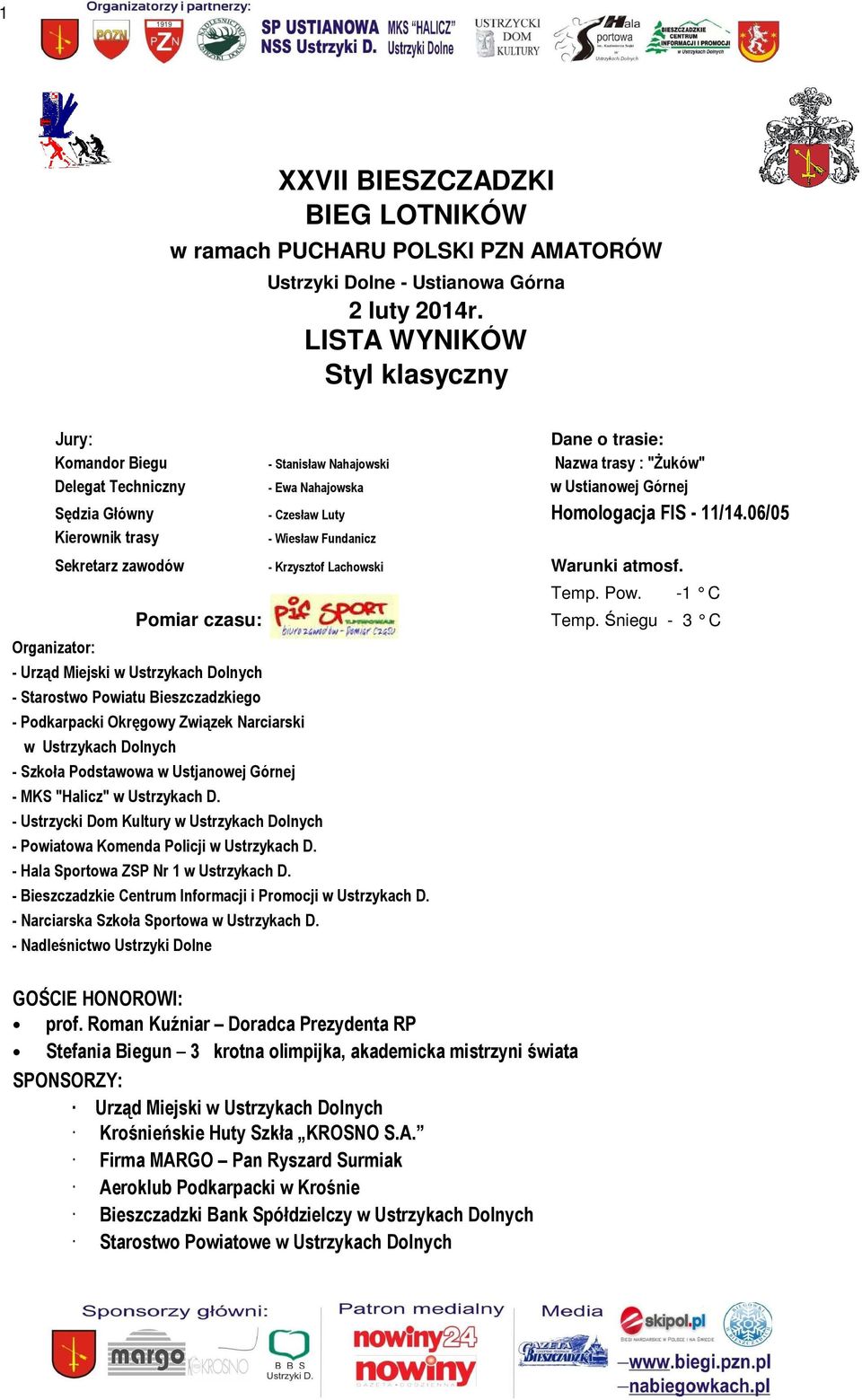 Homologacja FIS - 11/14.06/05 Kierownik trasy - Wiesław Fundanicz Organizator: Sekretarz zawodów - Krzysztof Lachowski Warunki atmosf.