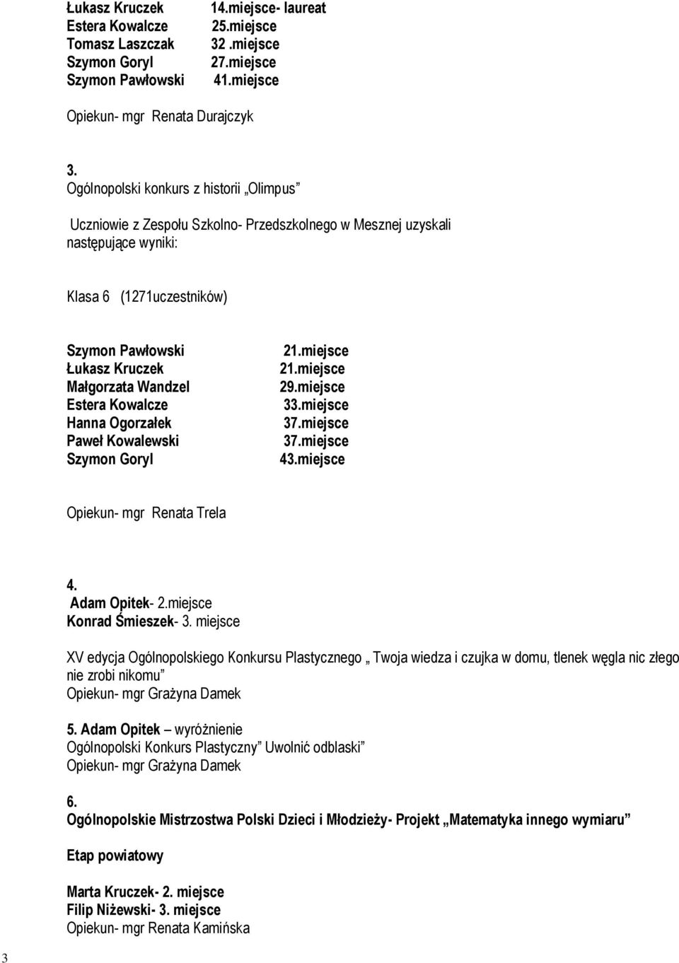 Estera Kowalcze Hanna Ogorzałek Paweł Kowalewski Szymon Goryl 21.miejsce 21.miejsce 29.miejsce 33.miejsce 37.miejsce 37.miejsce 43.miejsce Opiekun- mgr Renata Trela 4. Adam Opitek- 2.