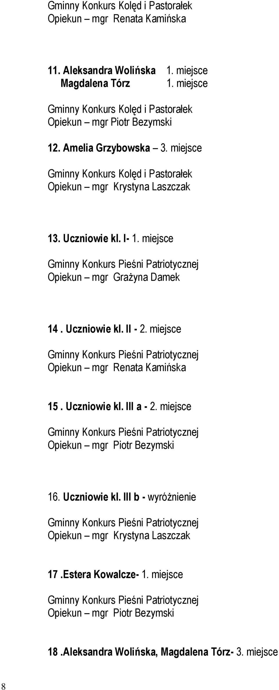 Uczniowie kl. II - 2. miejsce Gminny Konkurs Pieśni Patriotycznej Opiekun mgr Renata Kamińska 15. Uczniowie kl. III a - 2. miejsce Gminny Konkurs Pieśni Patriotycznej Opiekun mgr Piotr Bezymski 16.