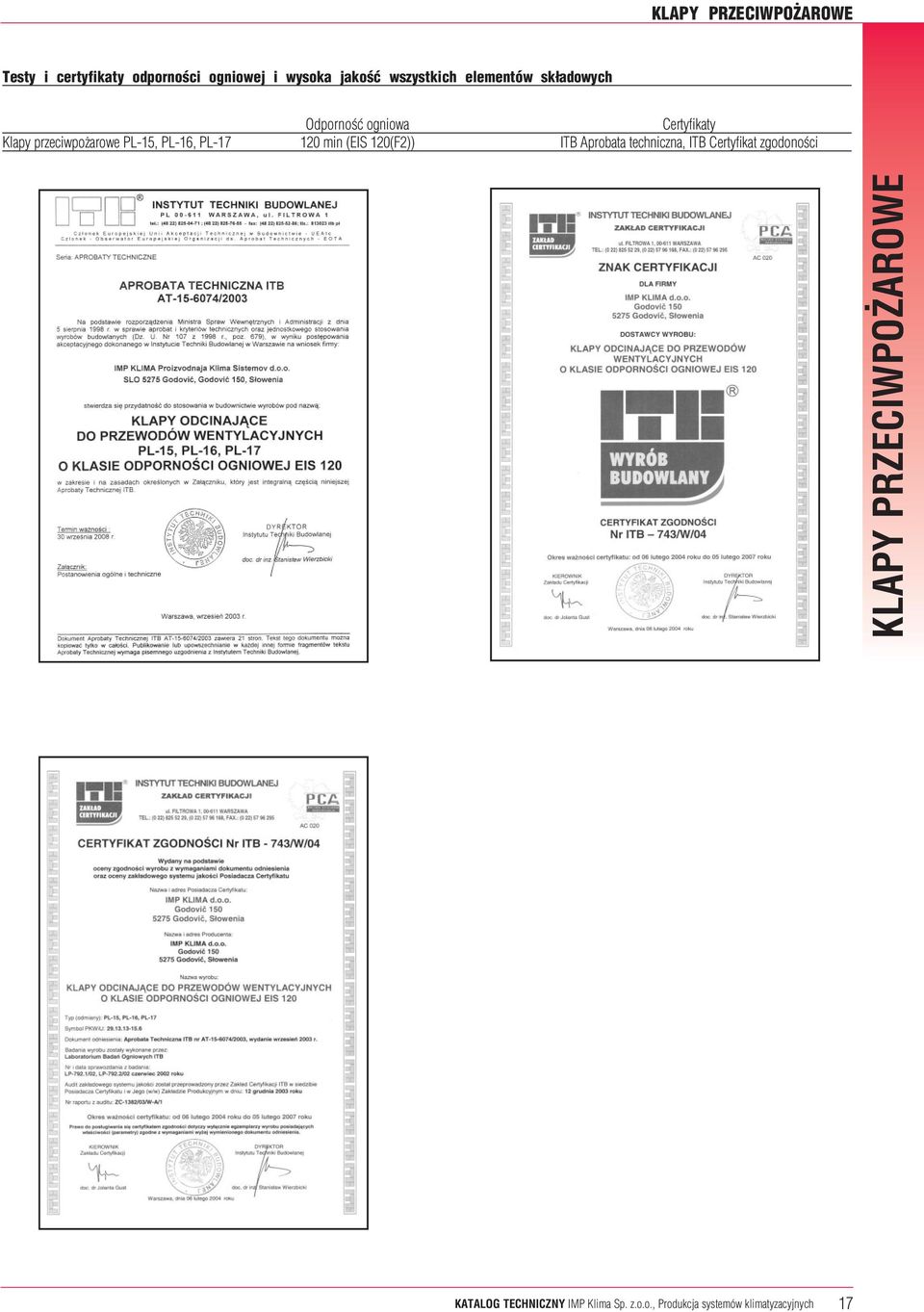 Certyfikaty Klapy przeciwpożarowe PL-1, PL-16, PL-17 120