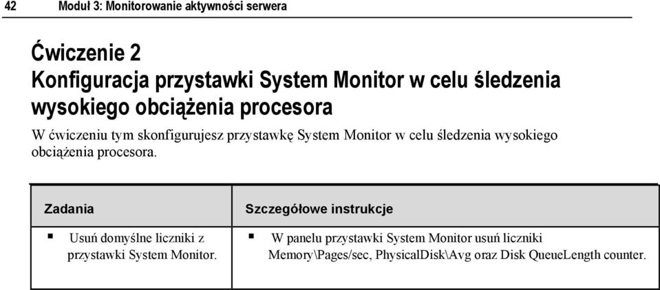 celu śledzenia wysokiego obciążenia procesora. Usuń domyślne liczniki z przystawki System Monitor.