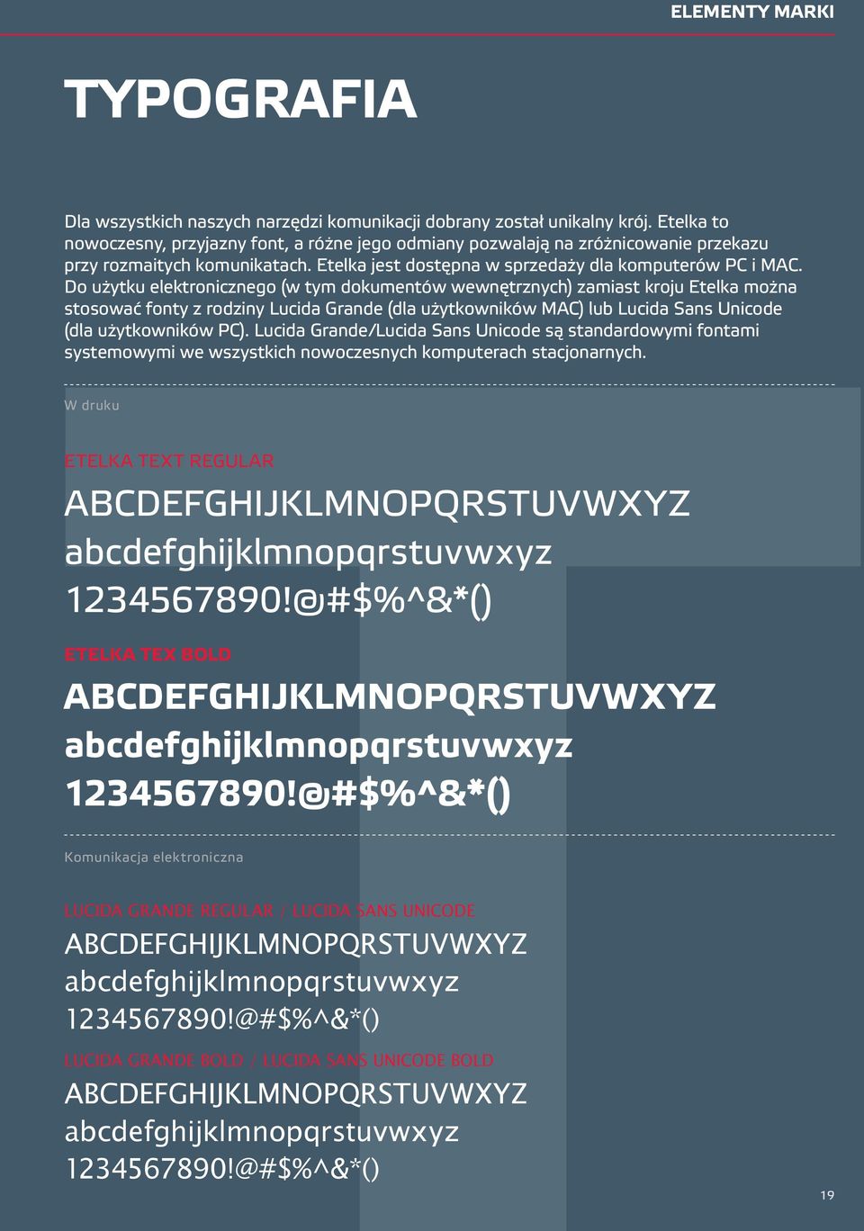 Do użytku elektronicznego (w tym dokumentów wewnętrznych) zamiast kroju Etelka można stosować fonty z rodziny Lucida Grande (dla użytkowników MAC) lub Lucida Sans Unicode (dla użytkowników PC).