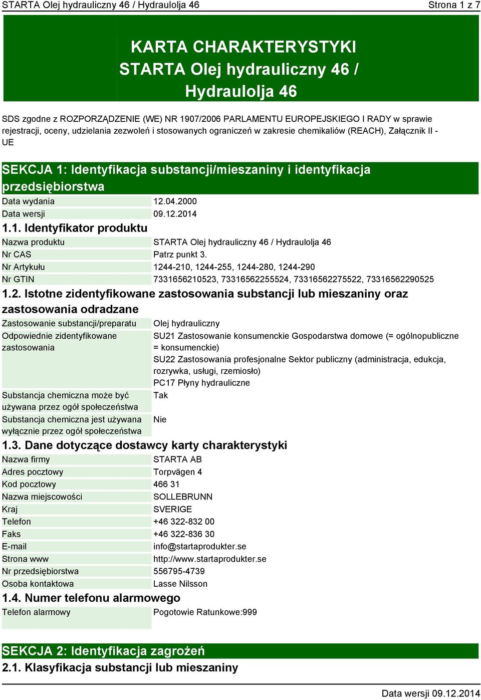 przedsiębiorstwa Data wydania 12.04.2000 1.1. Identyfikator produktu Nazwa produktu STARTA Olej hydrauliczny 46 / Hydraulolja 46 Nr CAS Patrz punkt 3.