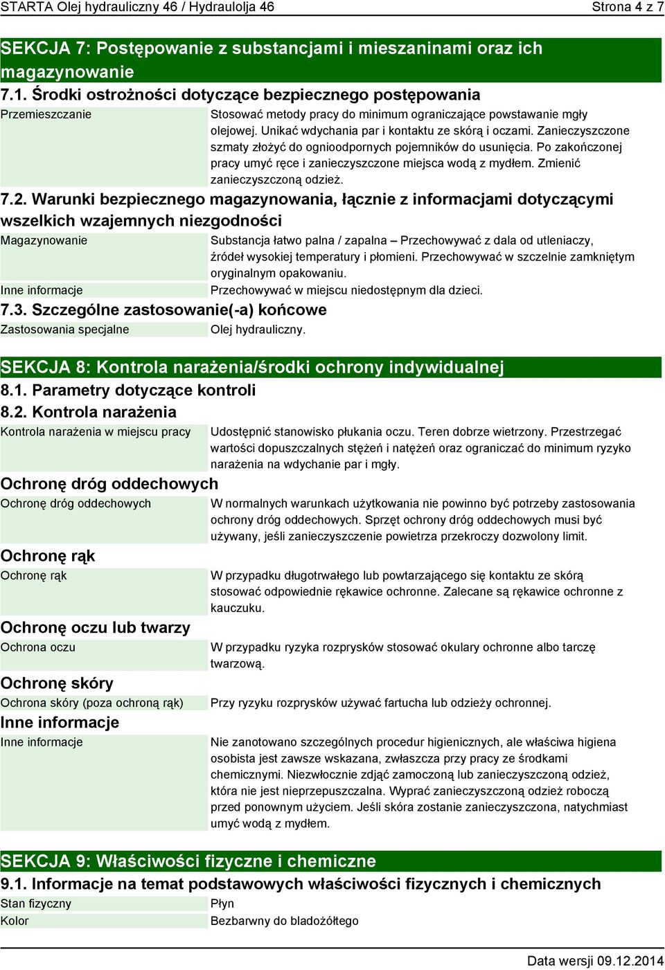 Zanieczyszczone szmaty złożyć do ognioodpornych pojemników do usunięcia. Po zakończonej pracy umyć ręce i zanieczyszczone miejsca wodą z mydłem. Zmienić zanieczyszczoną odzież. 7.2.