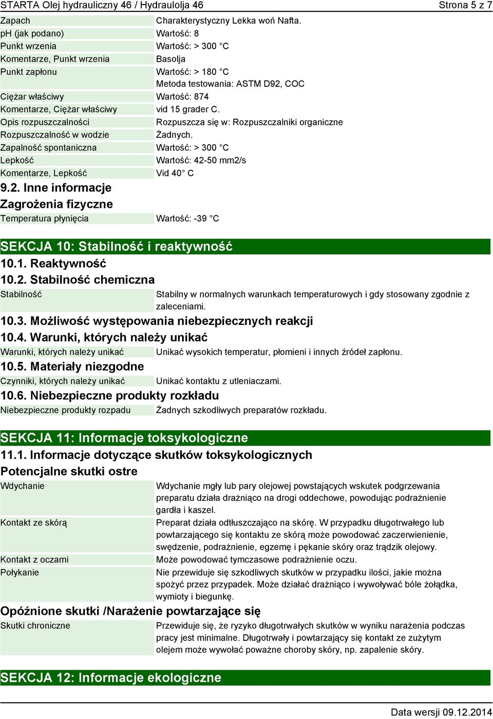 grader C. Opis rozpuszczalności Rozpuszcza się w: Rozpuszczalniki organiczne Rozpuszczalność w wodzie Żadnych. Zapalność spontaniczna Wartość: > 300 C Lepkość Wartość: 42-50 mm2/s, Lepkość Vid 40 C 9.