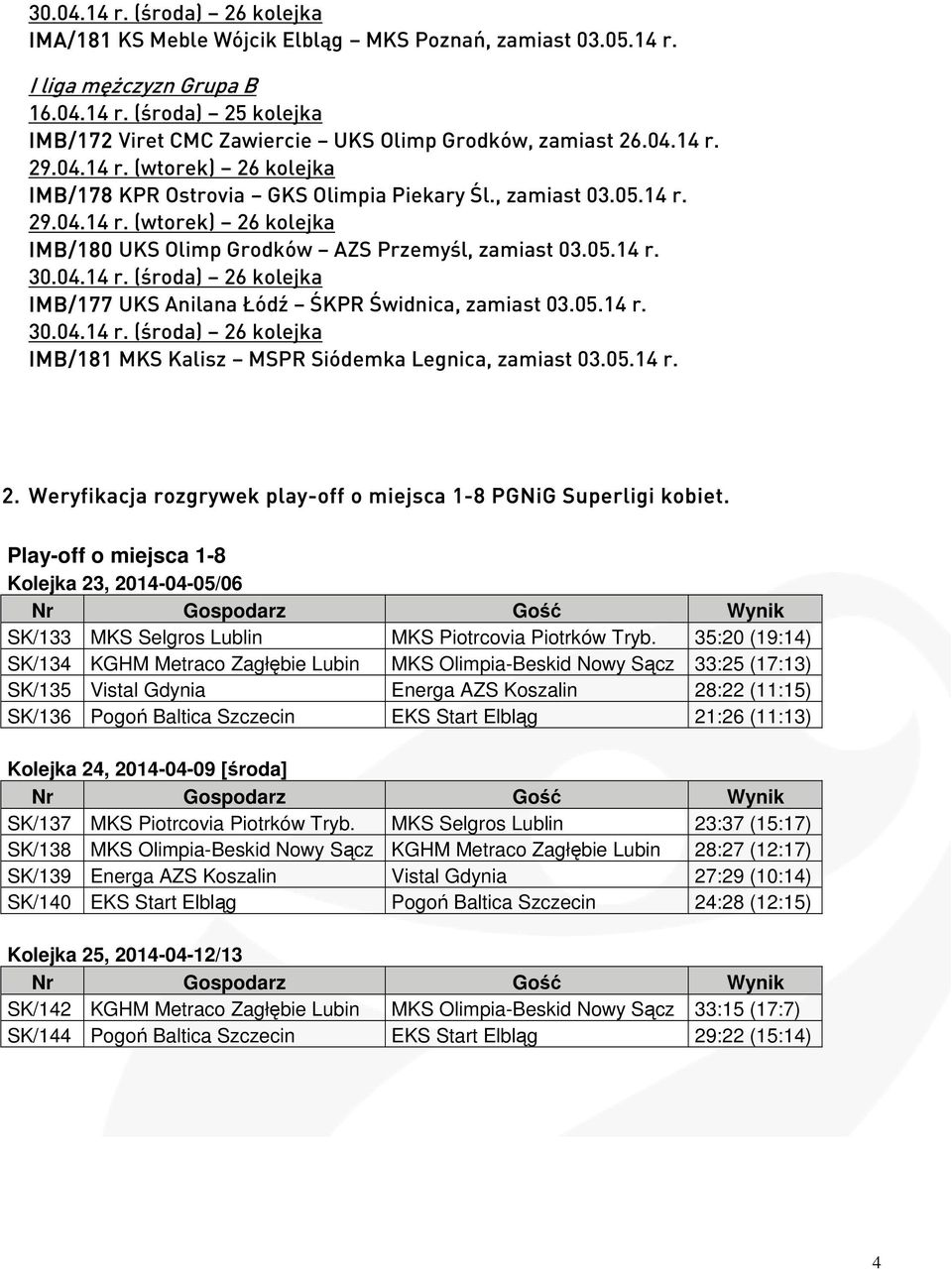 04.14 r. (środa) 26 kolejka IMB/177 UKS Anilana Łódź ŚKPR Świdnica, zamiast 03.05.14 r. 30.04.14 r. (środa) 26 kolejka IMB/181 MKS Kalisz MSPR Siódemka Legnica, zamiast 03.05.14 r. 2. Weryfikacja rozgrywek play-off o miejsca 1-8 PGNiG Superligi kobiet.