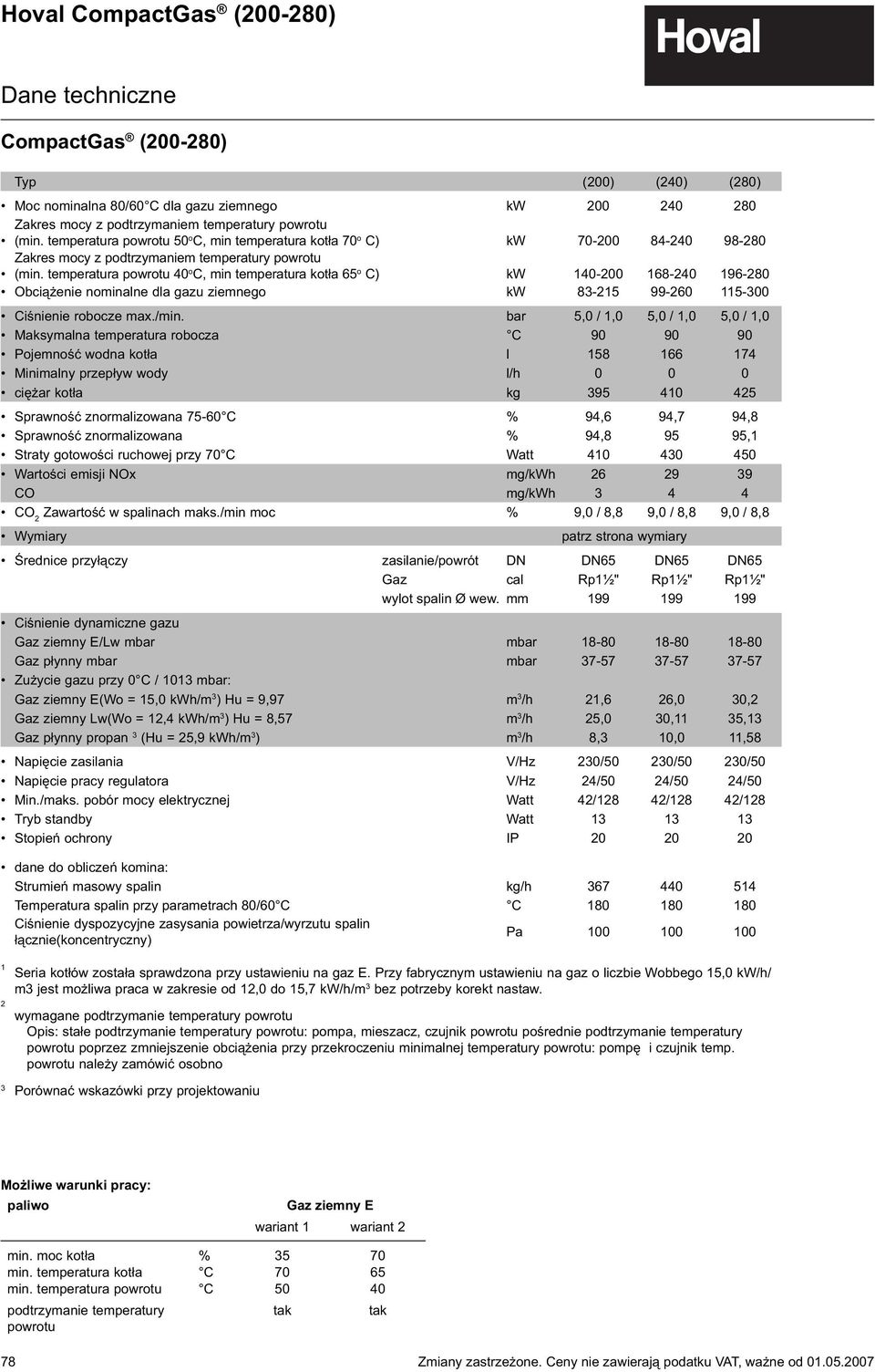 temperatura powrotu 40 o C, min temperatura kot a 65 o C) kw 40-200 68-240 96-280 Obci enie nominalne dla gazu ziemnego kw 83-25 99-260 5-300 Ci nienie robocze max./min.
