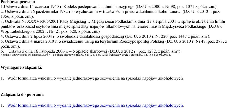 Uchwała Nr XXXVI/305/2001 Rady Miejskiej w Międzyrzecu Podlaskim z dnia 29 sierpnia 2001 w sprawie określenia limitu punktów oraz zasad usytuowania miejsc sprzedaży napojów alkoholowych na terenie