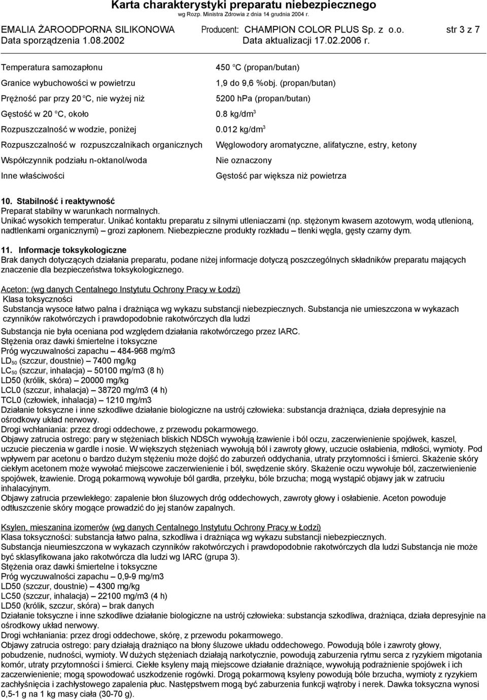 012 kg/dm 3 Rozpuszczalność w rozpuszczalnikach organicznych Współczynnik podziału n-oktanol/woda Inne właściwości Węglowodory aromatyczne, alifatyczne, estry, ketony Nie oznaczony Gęstość par