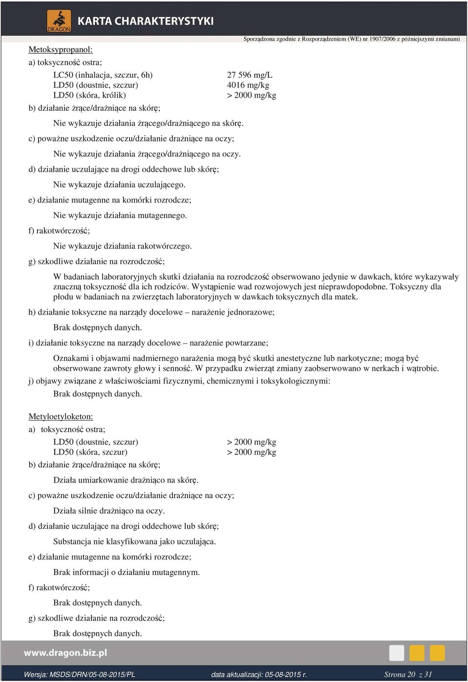 d) działanie uczulające na drogi oddechowe lub skórę; Nie wykazuje działania uczulającego. e) działanie mutagenne na komórki rozrodcze; Nie wykazuje działania mutagennego.