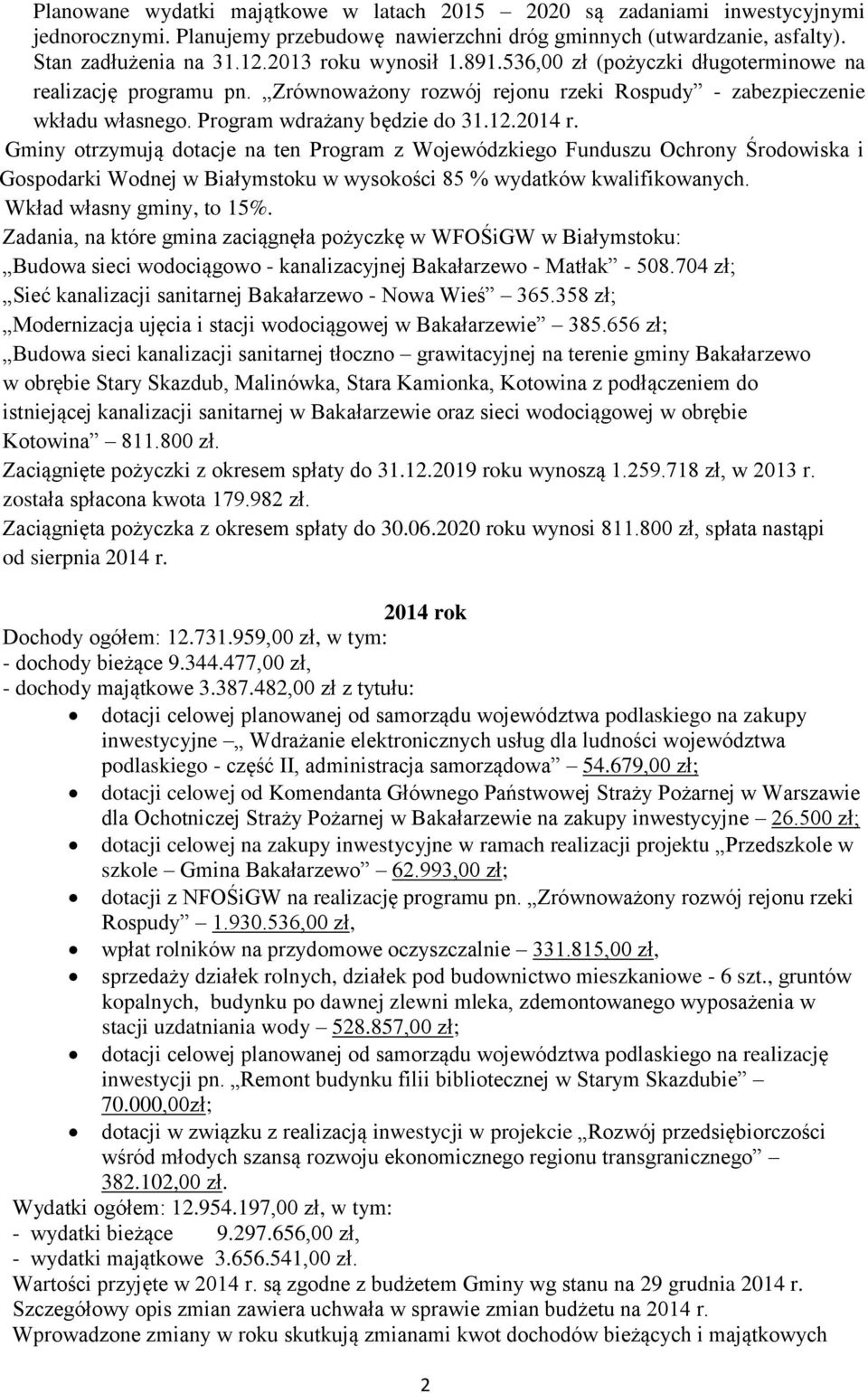 2014 r. Gminy otrzymują dotacje na ten Program z Wojewódzkiego Funduszu Ochrony Środowiska i Gospodarki Wodnej w Białymstoku w wysokości 85 % wydatków kwalifikowanych. Wkład własny gminy, to 15%.