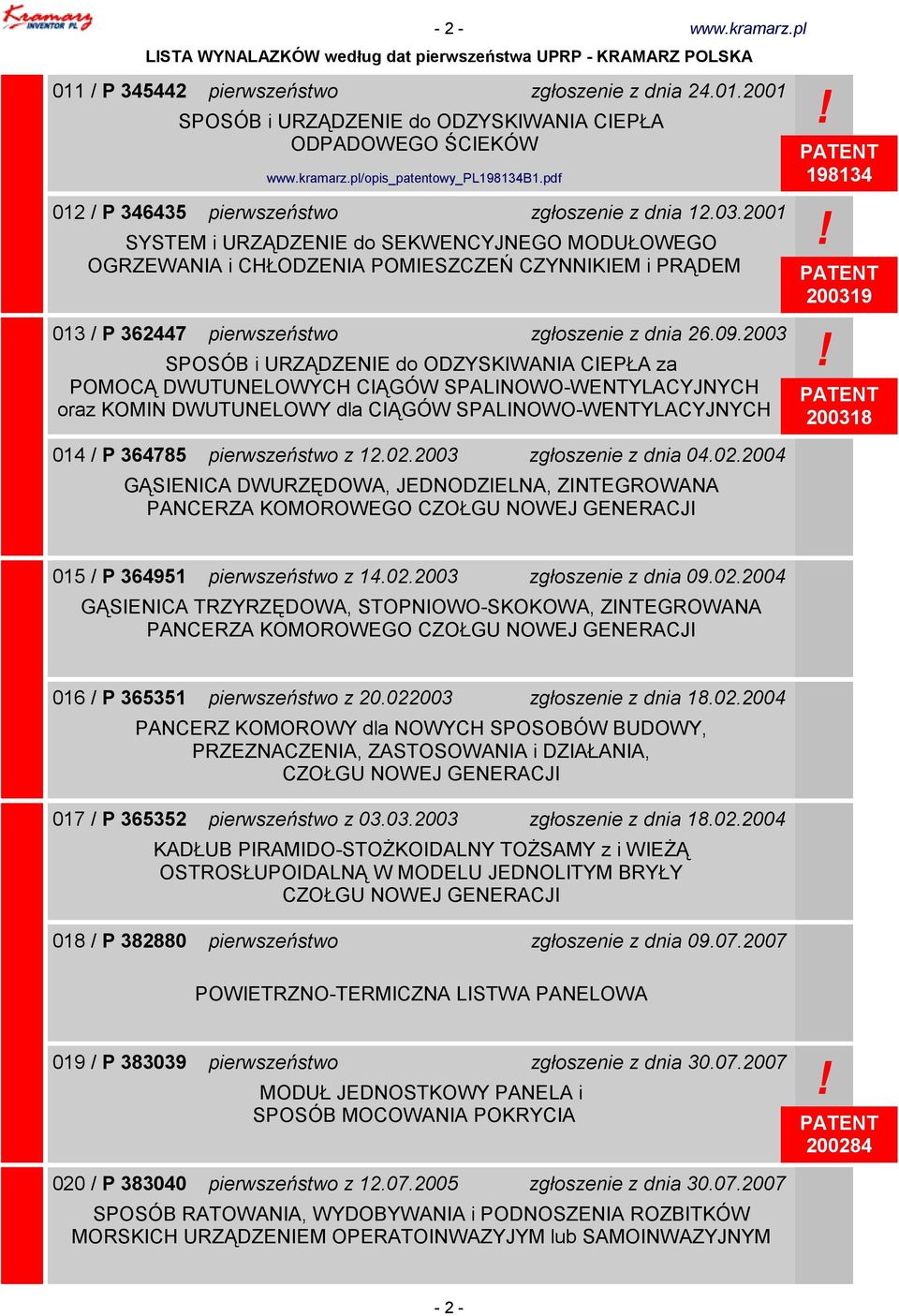 2003 SPOSÓB i URZĄDZENIE do ODZYSKIWANIA CIEPŁA za POMOCĄ DWUTUNELOWYCH CIĄGÓW SPALINOWO-WENTYLACYJNYCH oraz KOMIN DWUTUNELOWY dla CIĄGÓW SPALINOWO-WENTYLACYJNYCH 014 / P 364785 pierwszeństwo z 12.02.
