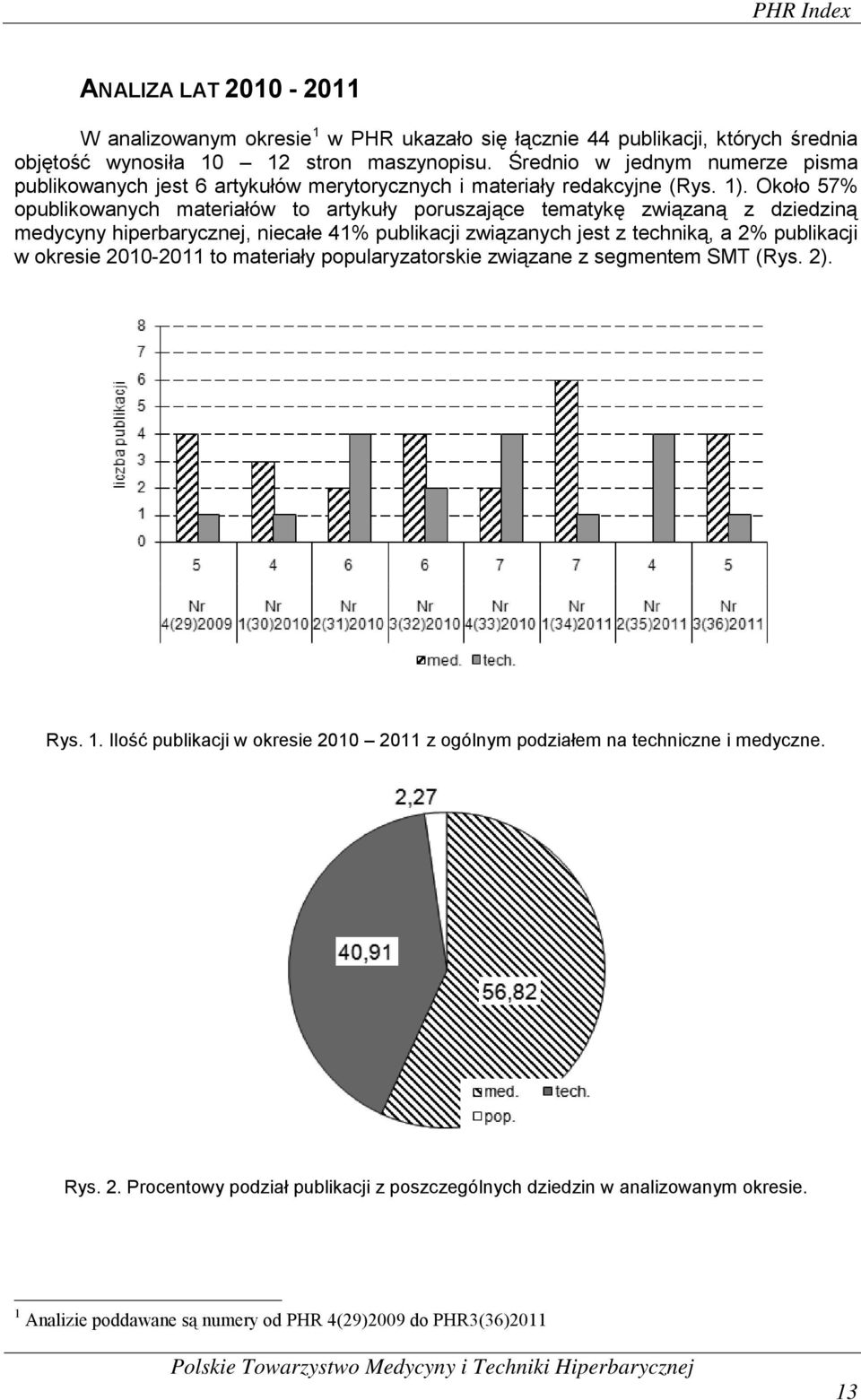 Około 57% opublikowanych materiałów to artykuły poruszające tematykę związaną z dziedziną medycyny hiperbarycznej, niecałe 41% publikacji związanych jest z techniką, a 2% publikacji w okresie