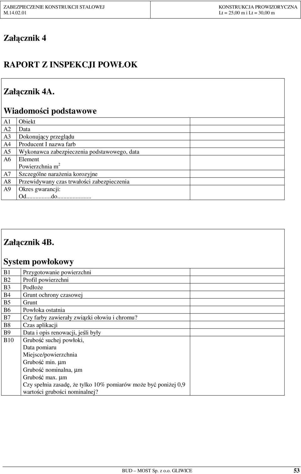 korozyjne Przewidywany czas trwałości zabezpieczenia Okres gwarancji: Od...do... Załącznik 4B.