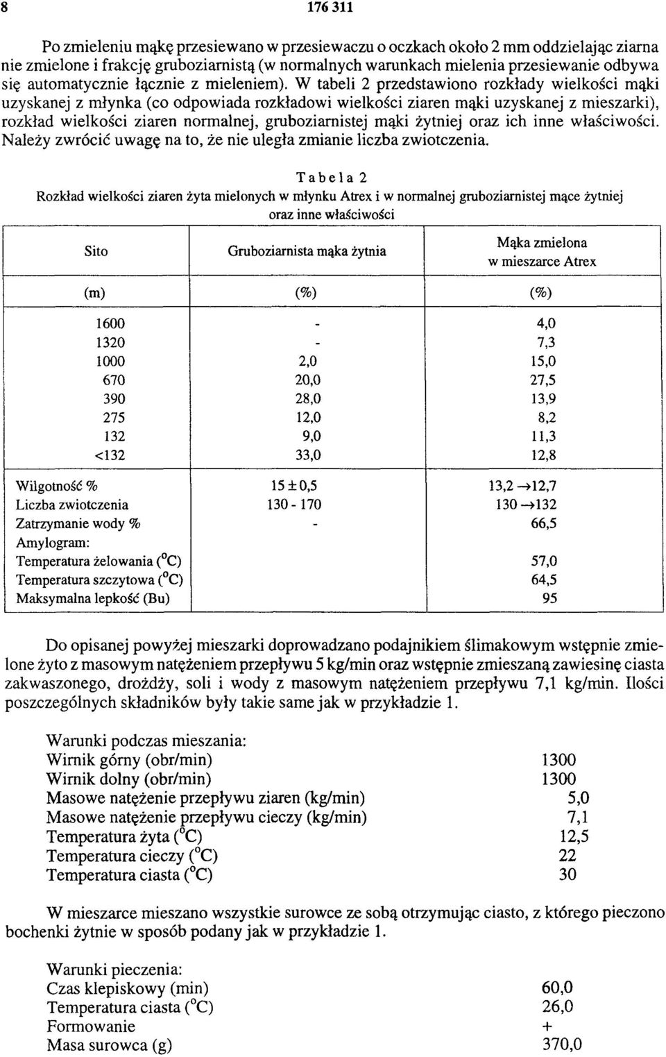 W tabeli 2 przedstawiono rozkłady wielkości mąki uzyskanej z młynka (co odpowiada rozkładowi wielkości ziaren mąki uzyskanej z mieszarki), rozkład wielkości ziaren normalnej, gruboziarnistej mąki